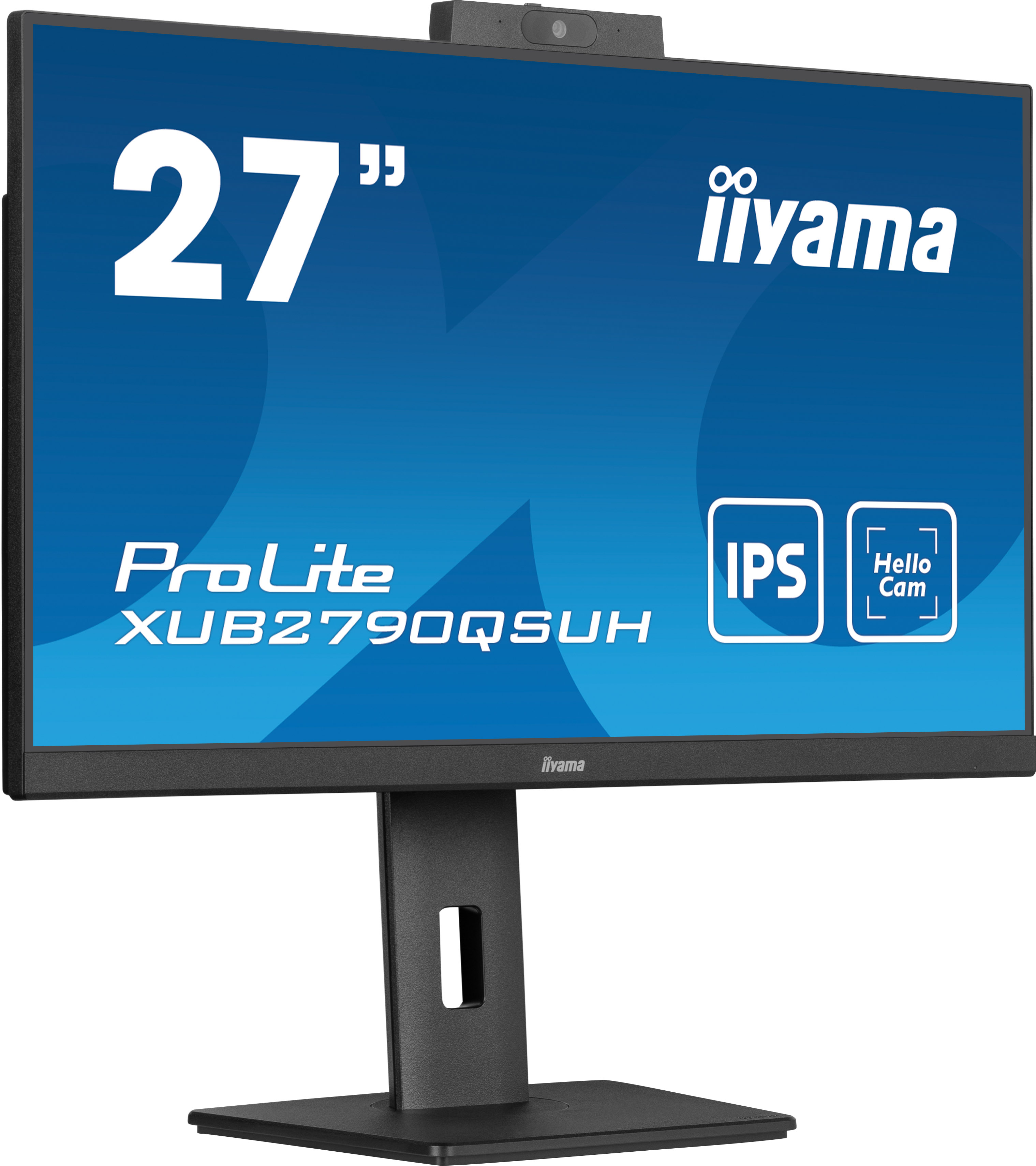 Monitor Iiyama de 27" con cámara web, soporte negro, pantalla azul con texto.