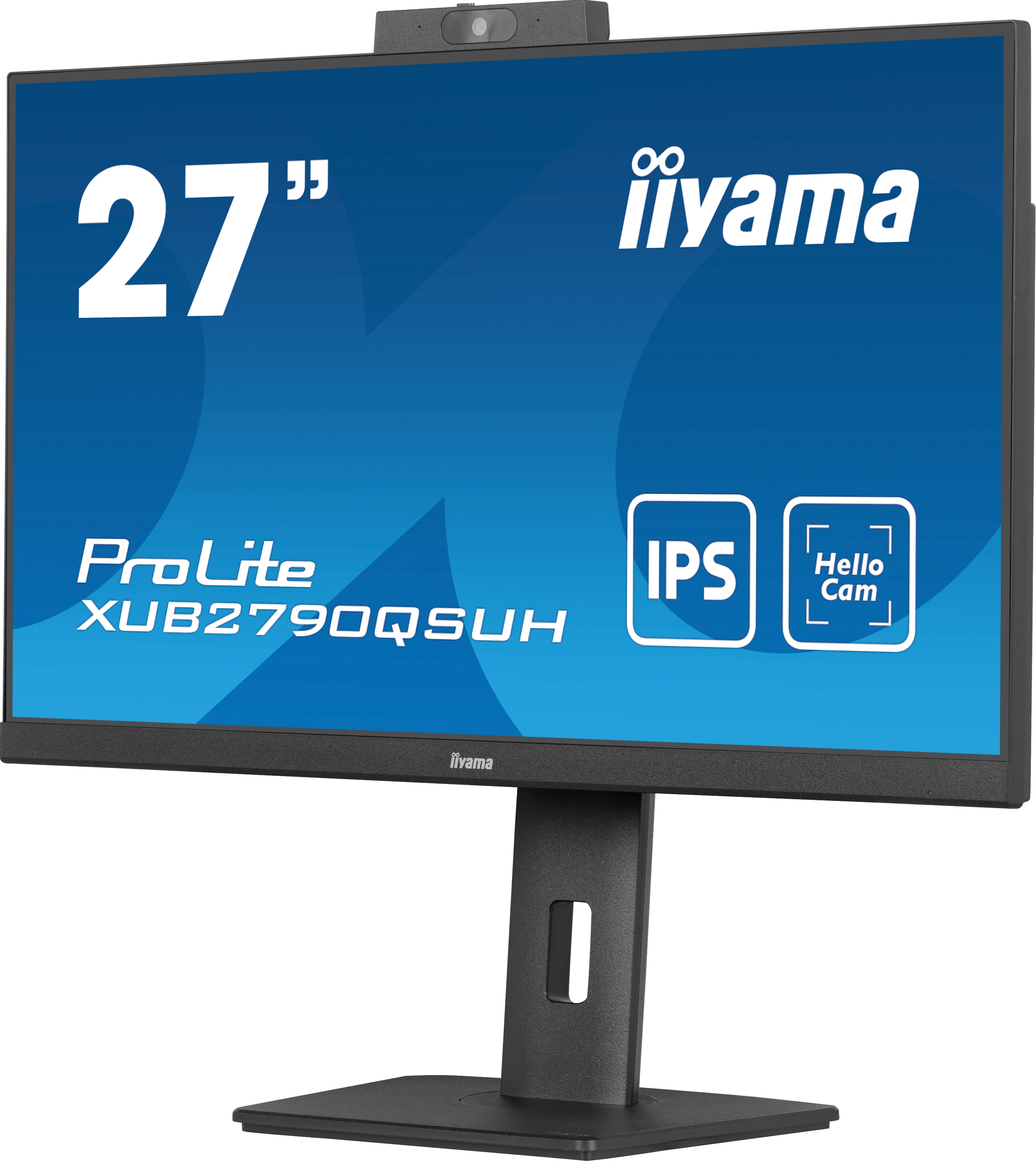 Monitor Iiyama. Pantalla muestra texto y gráficos. Tiene una cámara web. Marco y soporte negros.