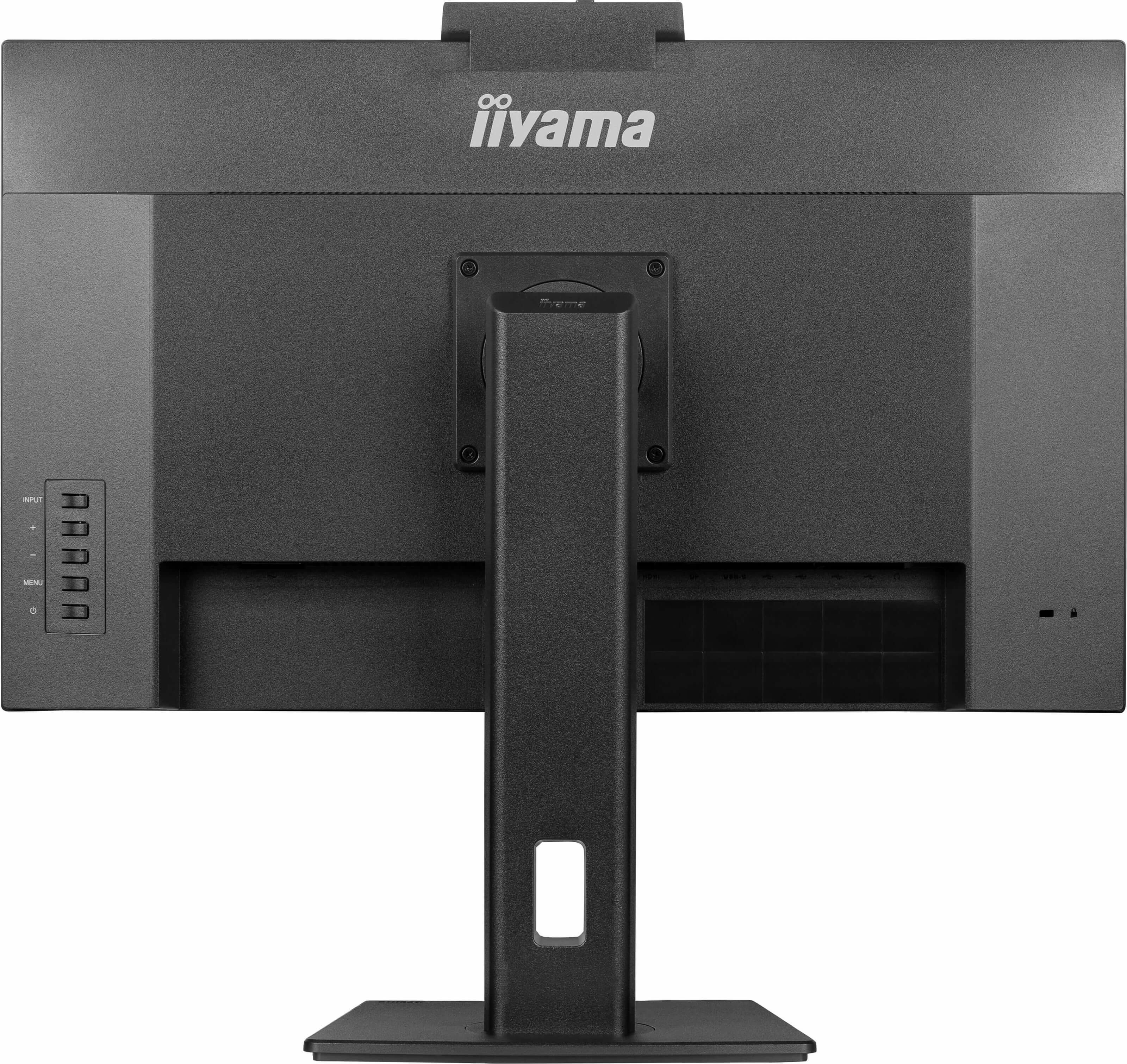 Vista trasera del monitor Iiyama, negro, mostrando puertos y conexión del soporte.