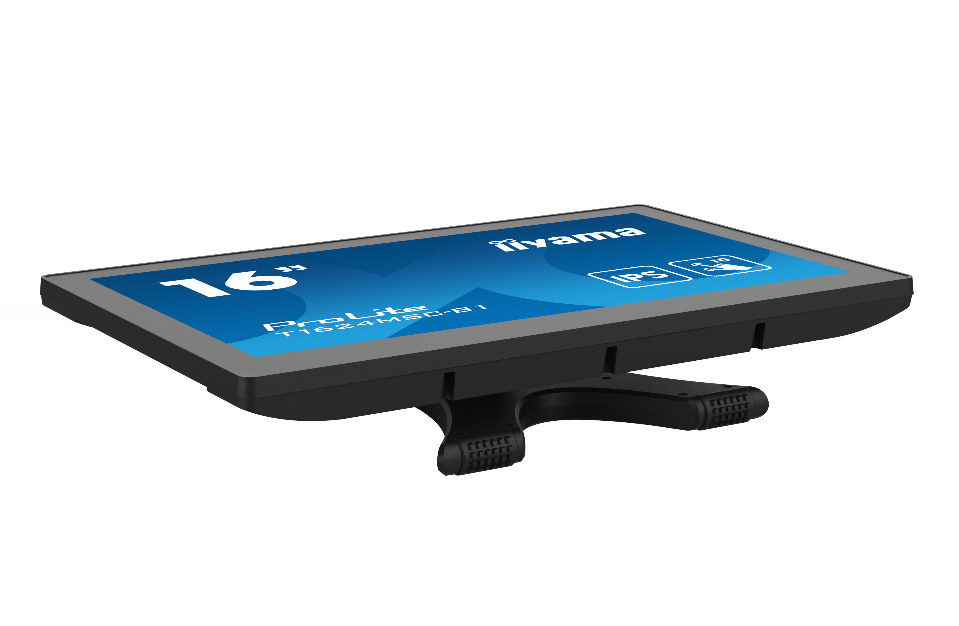 16-calowy monitor z niebieskim ekranem i tekstem na czarnej podstawie.