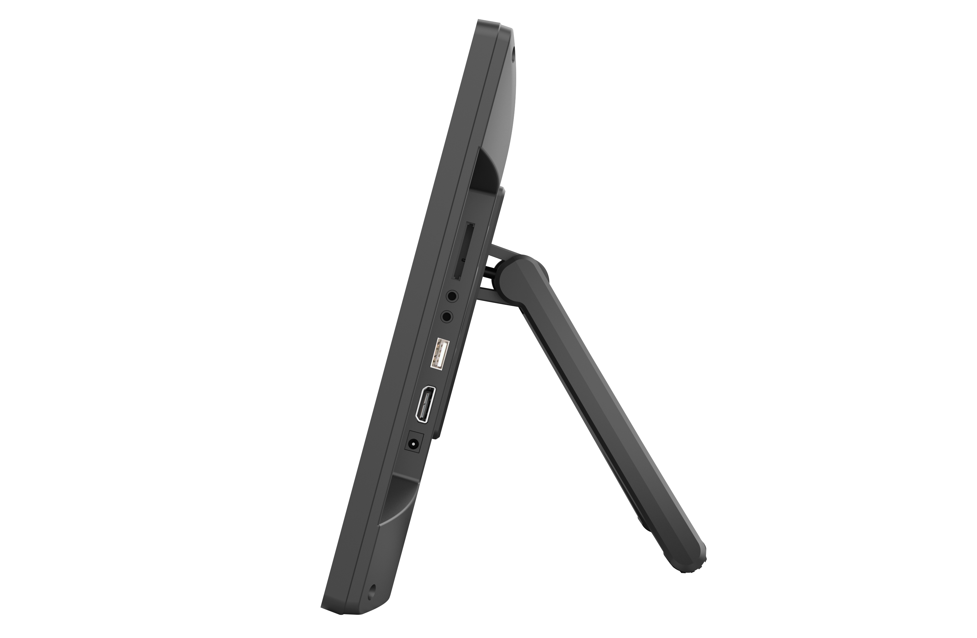 Widok z boku monitora z portami. Czarna ramka, podstawa i różne porty połączeń.