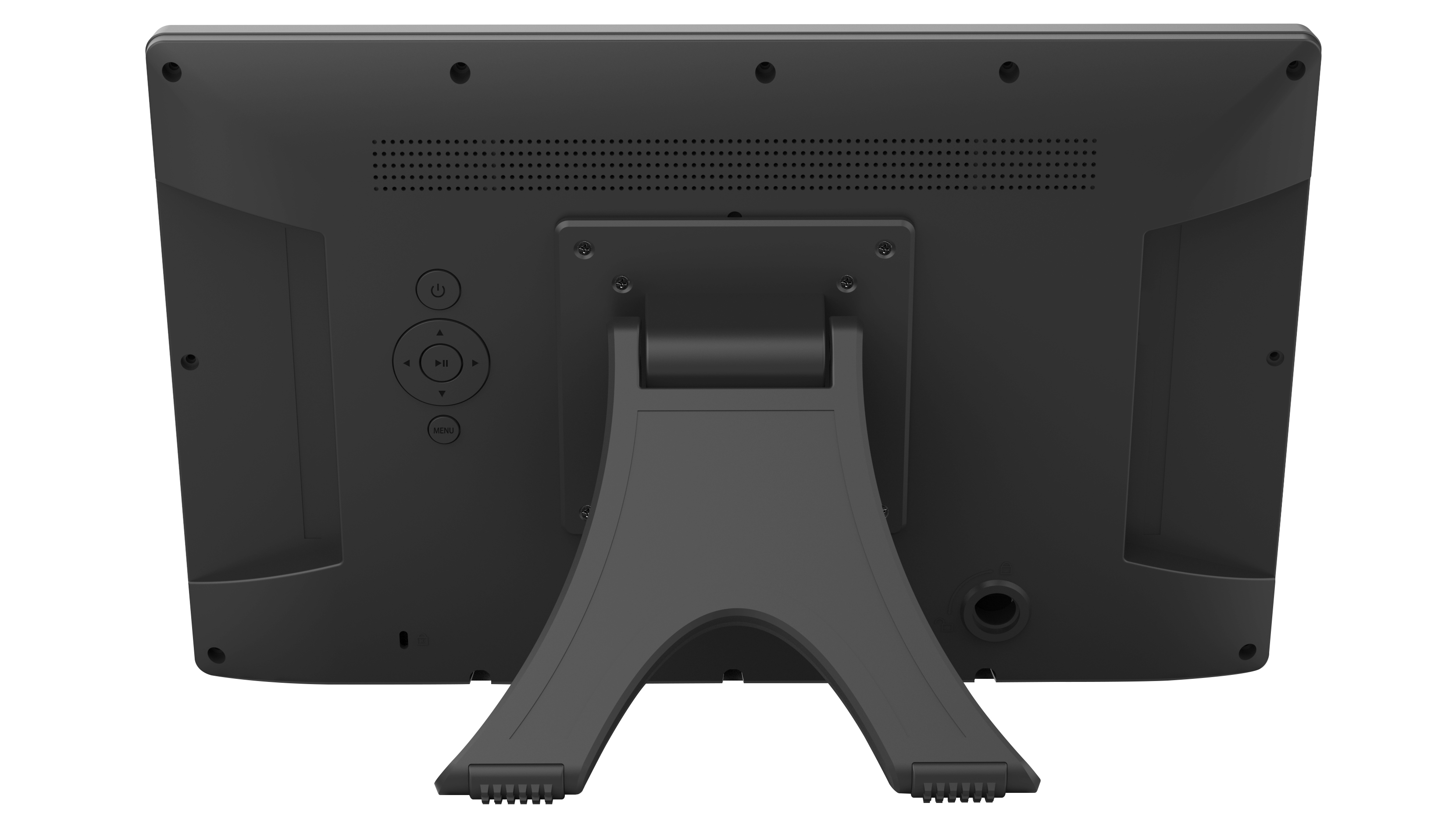 Tył czarnego monitora komputera, pokazujący porty i podstawę. Tło jest białe.