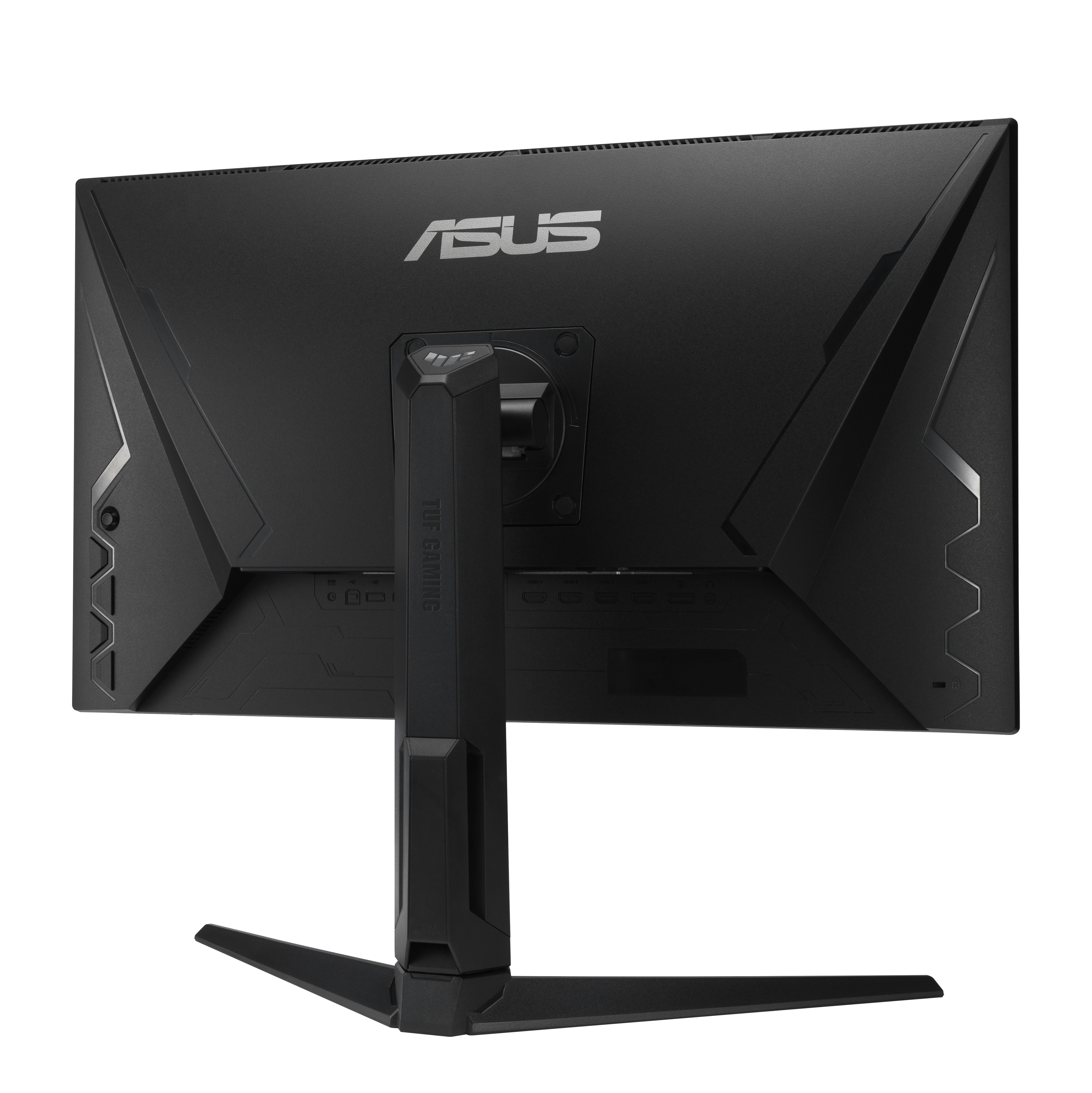 Vista posteriore di un monitor ASUS nero con supporto. Il logo ASUS TUF Gaming è visibile.