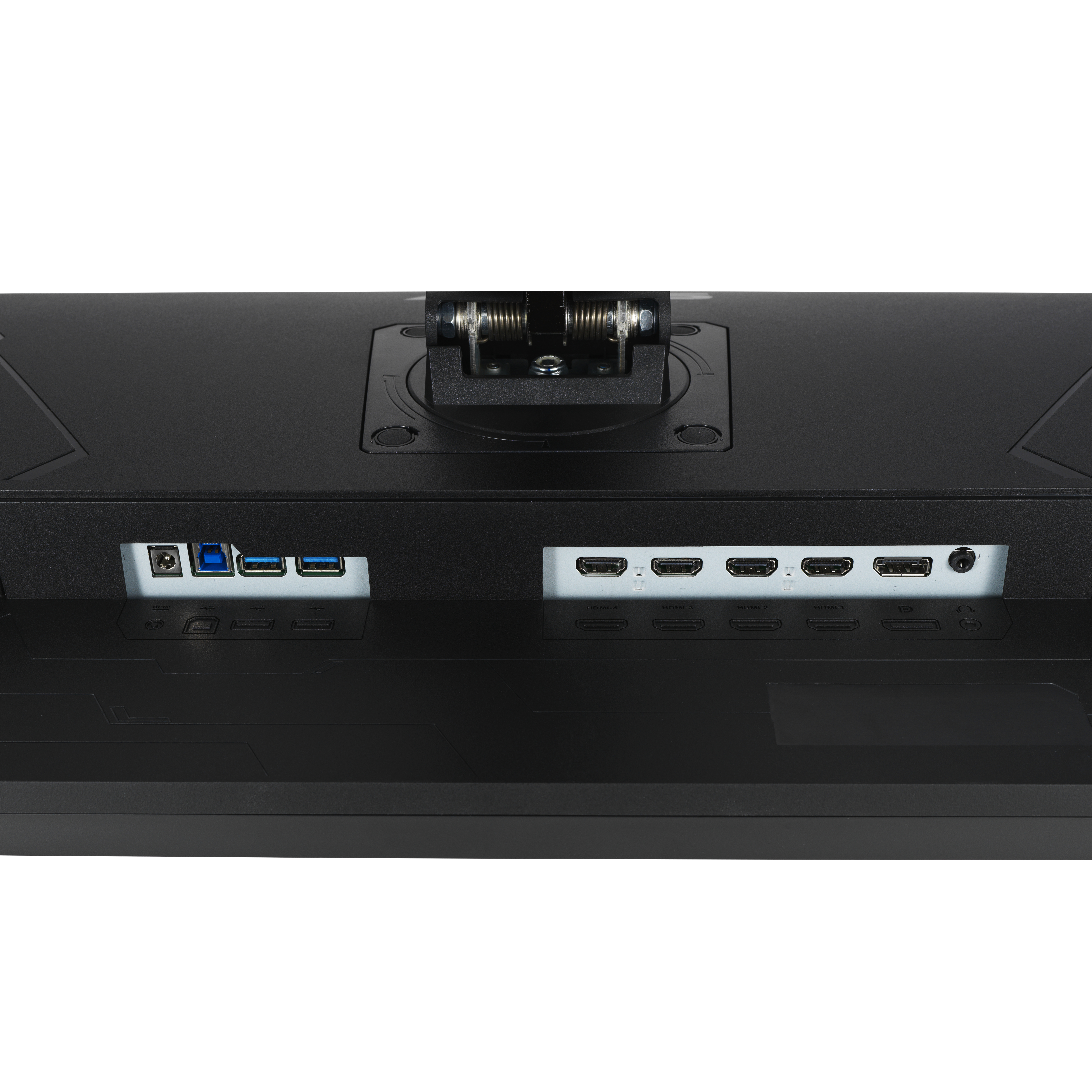 Retro di un monitor nero. Le porte includono USB, HDMI e alimentazione.