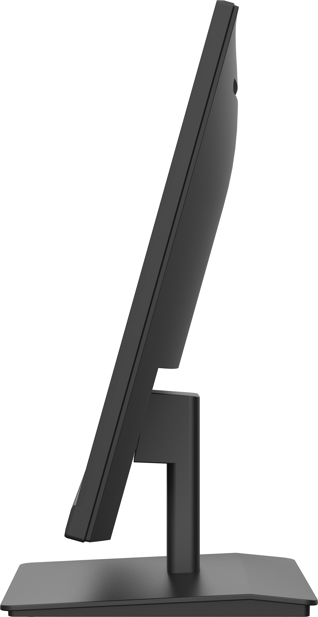 Monitor negro de lado. Soporte y base negros. Diseño suave y limpio.