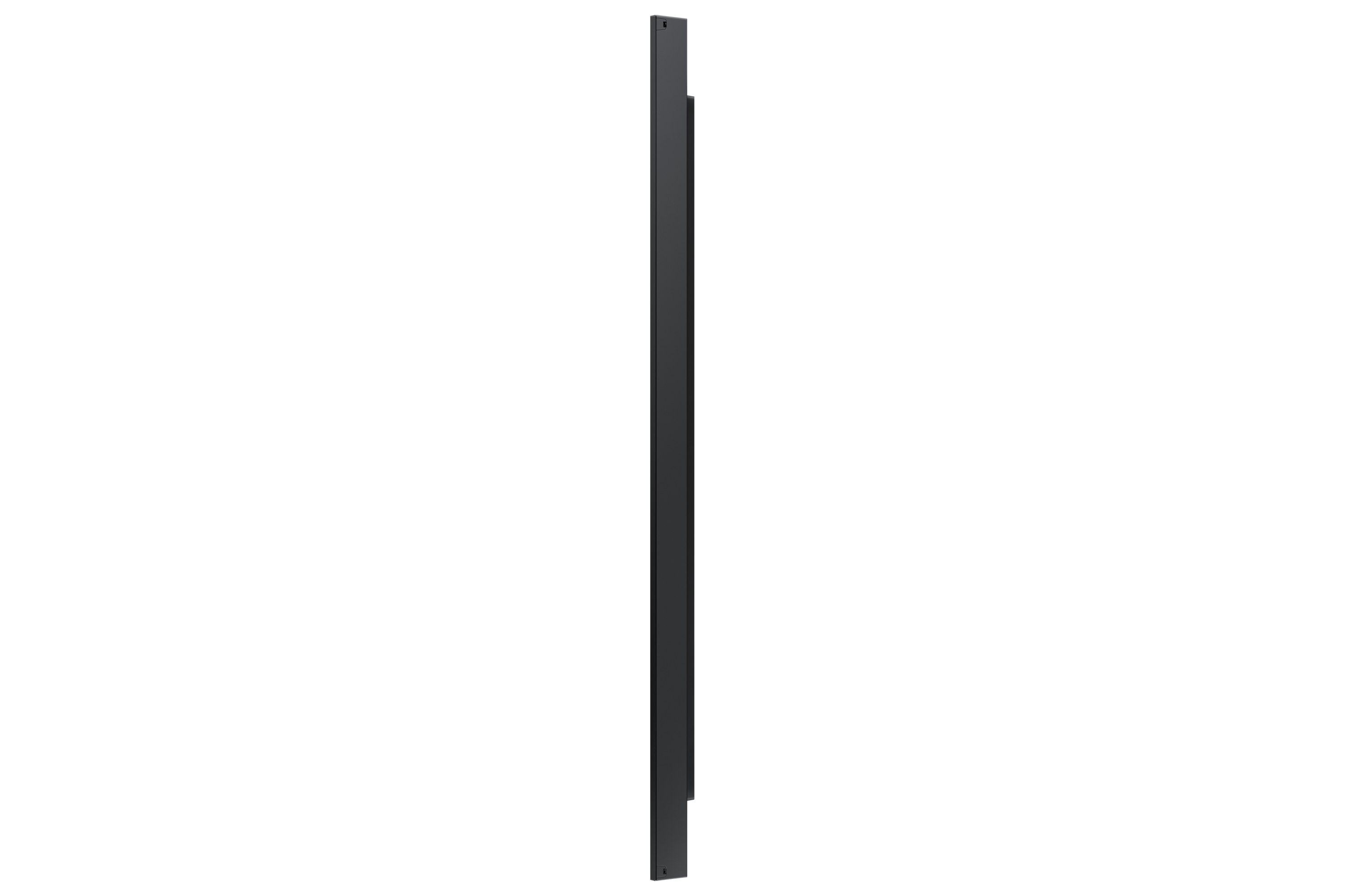 Een zilveren monitor met een abstracte groene en gele afbeelding op het scherm. Het heeft een zilveren standaard.