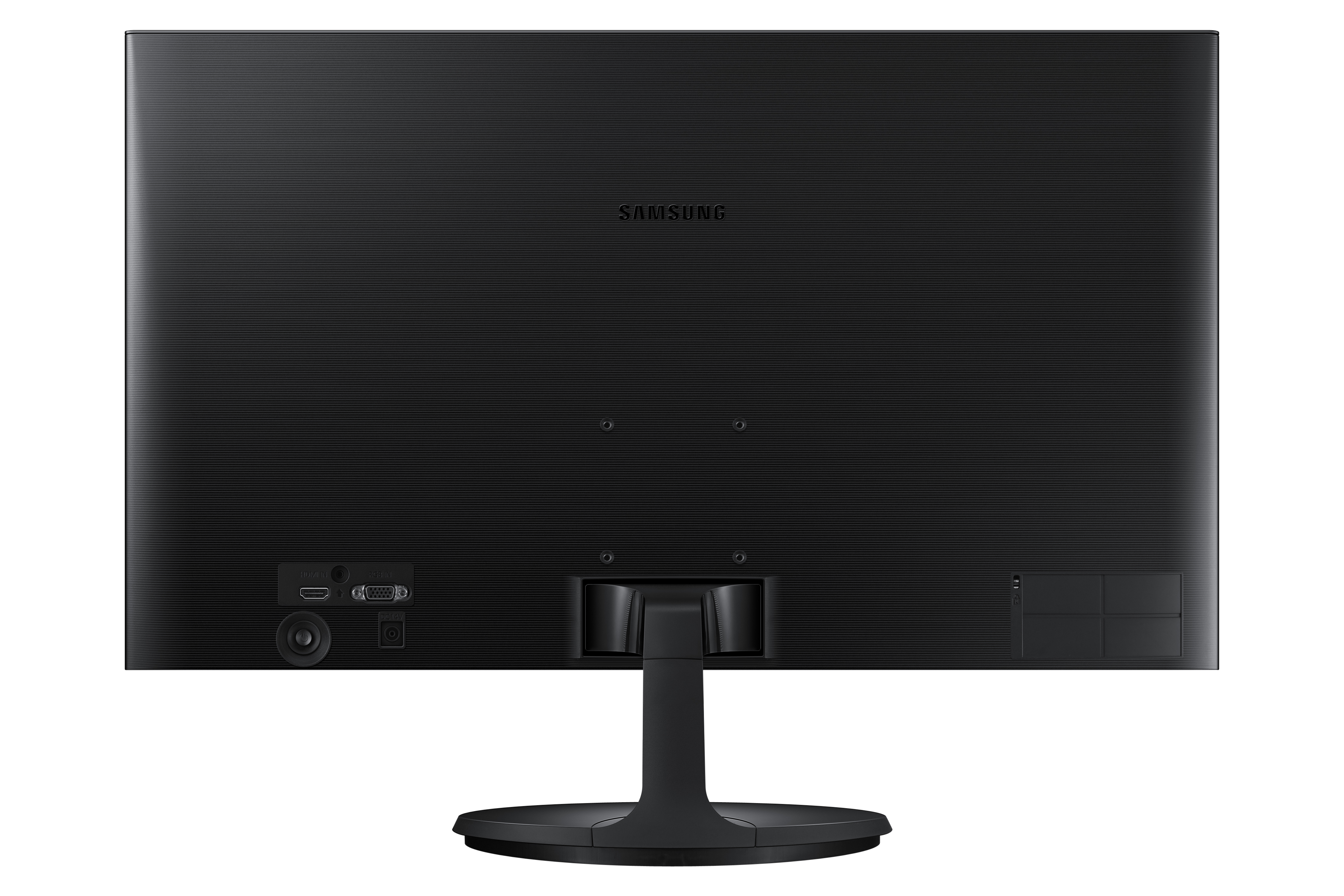 Vista posteriore del monitor nero. Presenta porte e il logo Samsung.