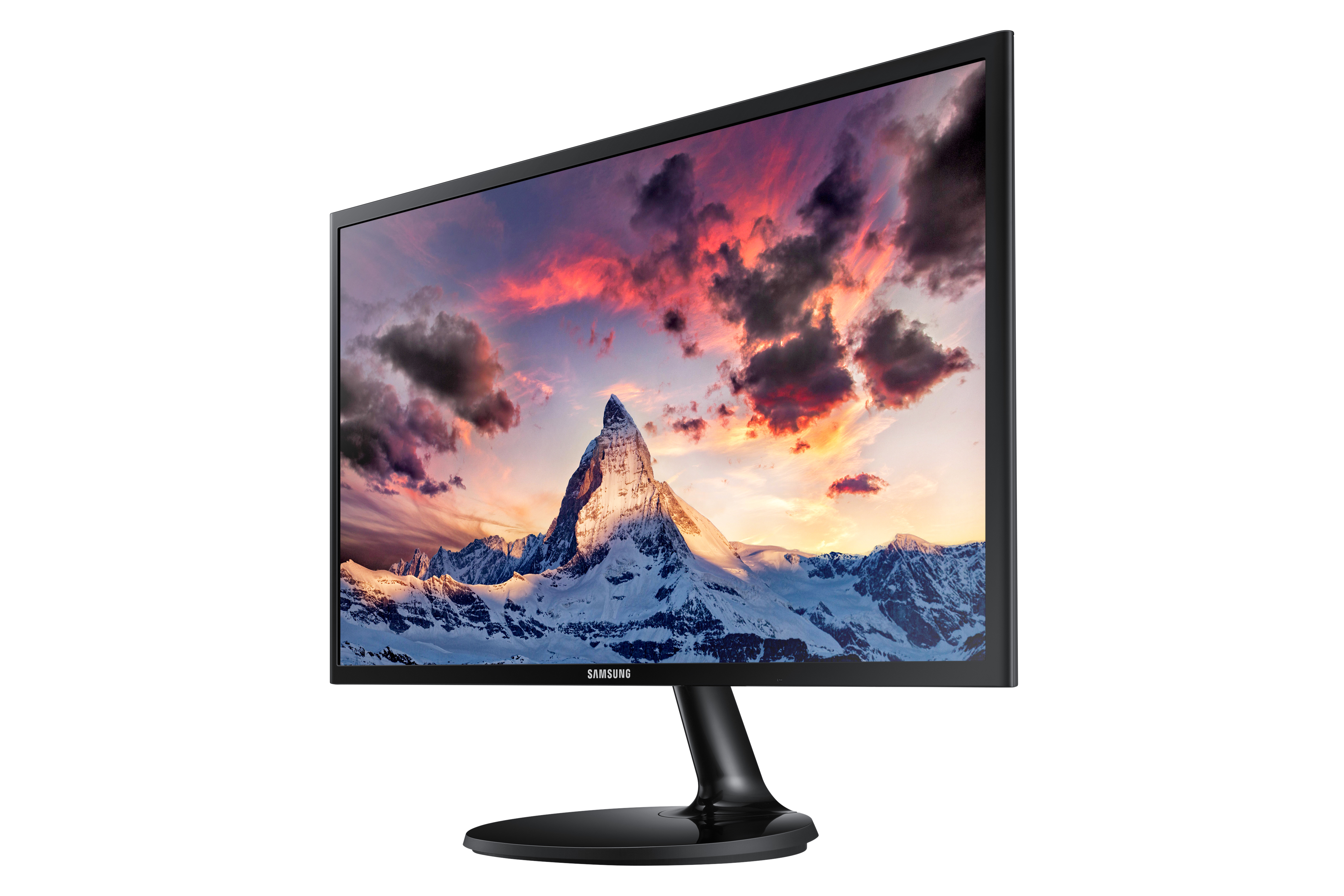 Monitor Samsung che mostra un paesaggio montano sotto un cielo vibrante. Base nera.