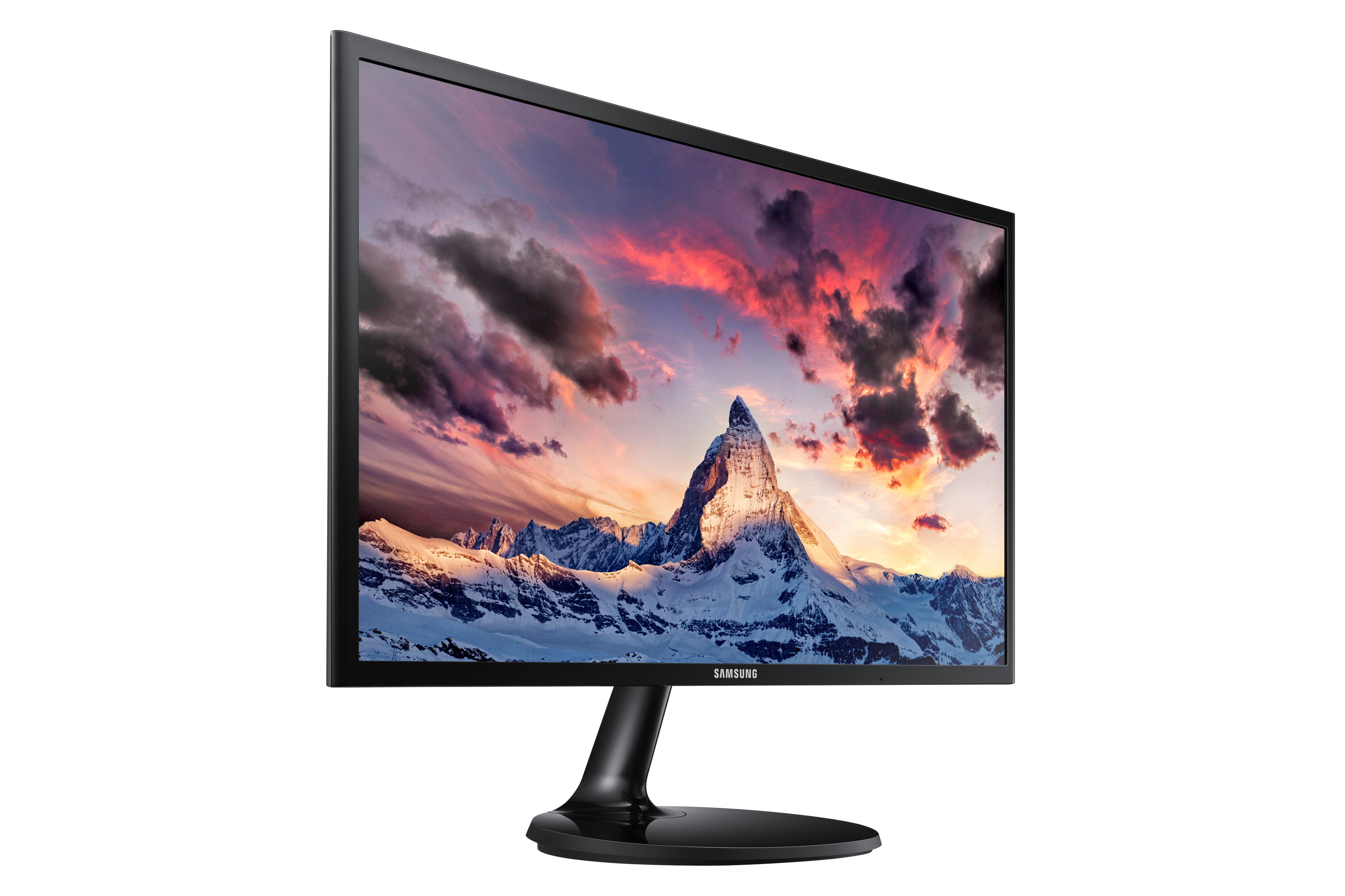 Monitor Samsung che mostra una scena di montagna e tramonto.