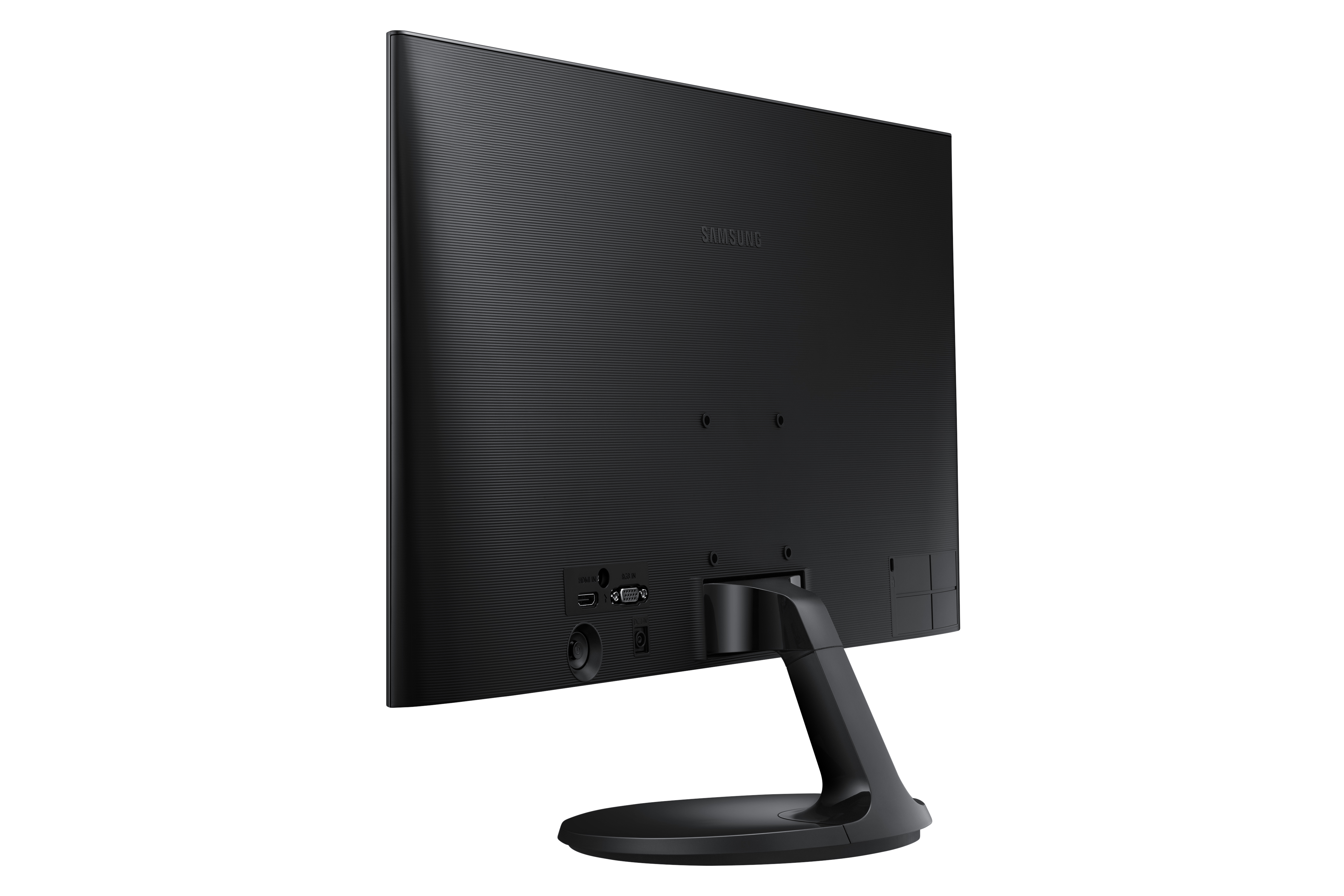 Il retro di un monitor Samsung nero con porte e un supporto.