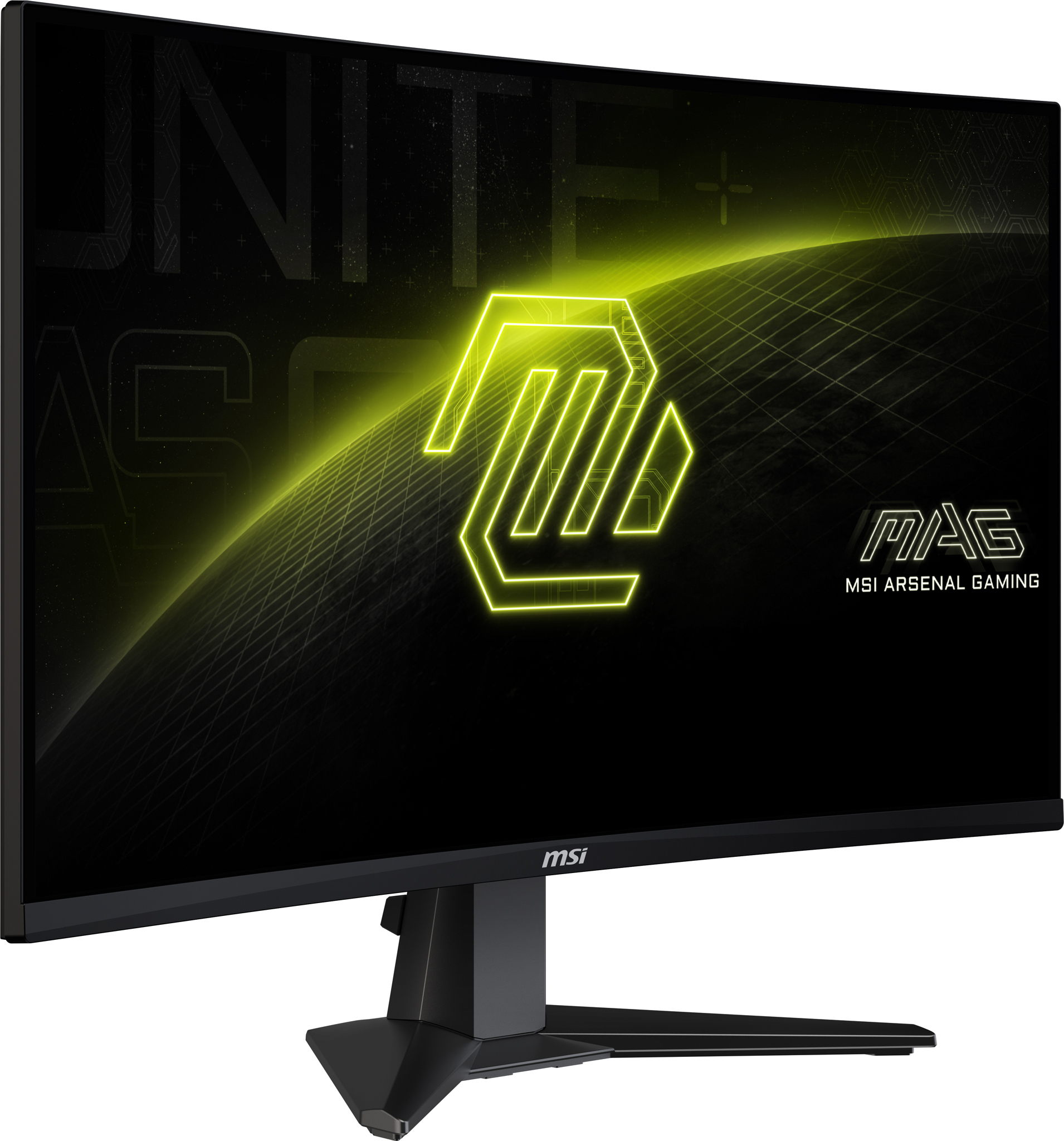 Monitor MSI z neonowo-zielonym logo i zakrzywionym żółto-zielonym wzorem tła.