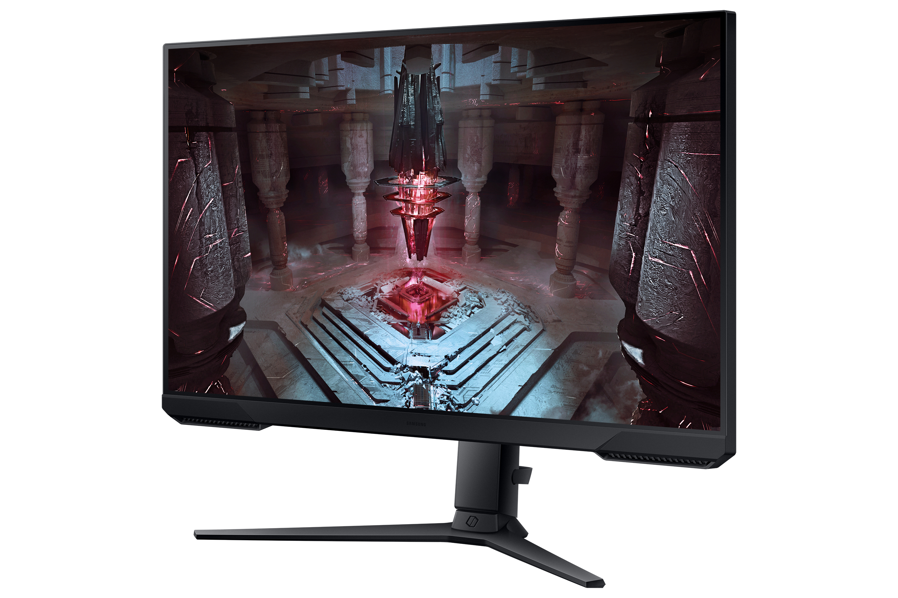 Gaming-Monitor, der eine dunkle Fantasy-Szene mit roten und schwarzen Farben anzeigt.