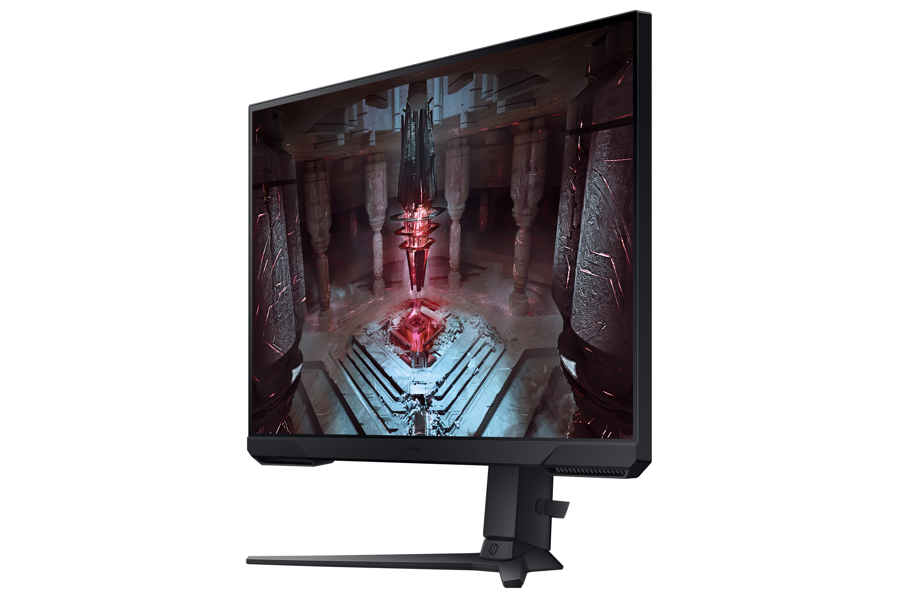 Seitenansicht eines gebogenen schwarzen Monitors mit einer Gaming-Szene auf dem Bildschirm.