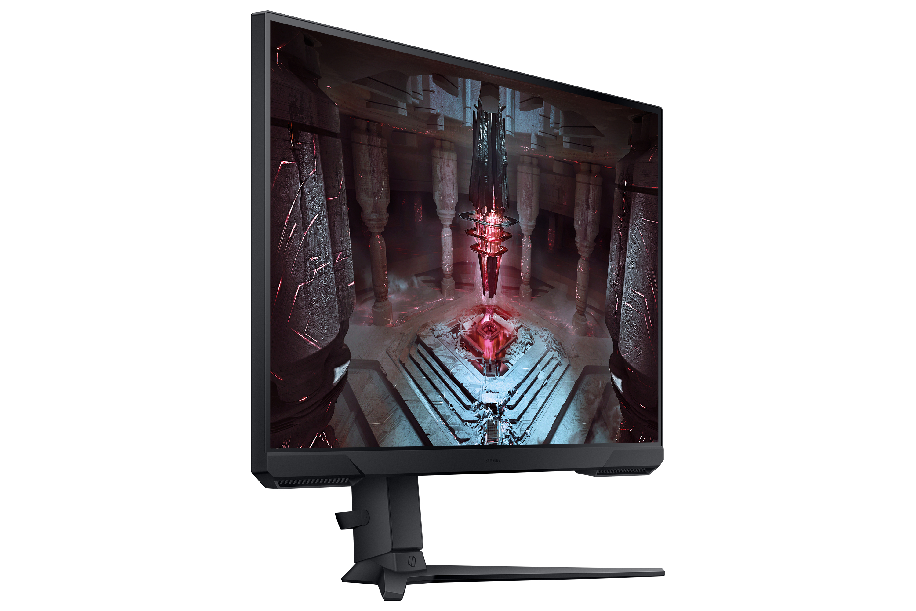 Ein Gaming-Monitor, der eine dunkle Fantasy-Szene eines Tempels zeigt. Der Monitor steht auf einem Ständer.