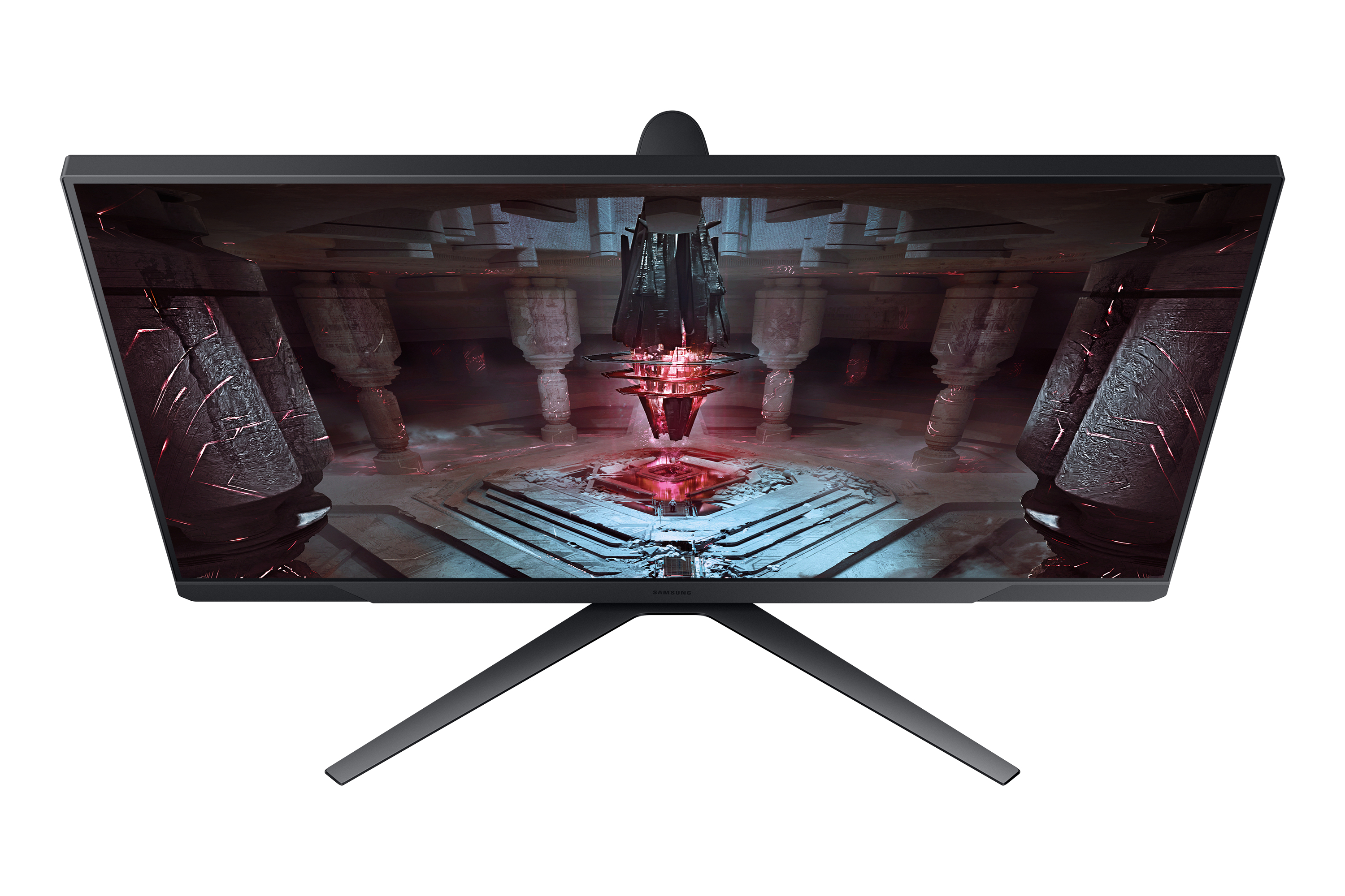 Ein Monitor zeigt eine Fantasy-Szene in einem Tempel mit roten Akzenten.