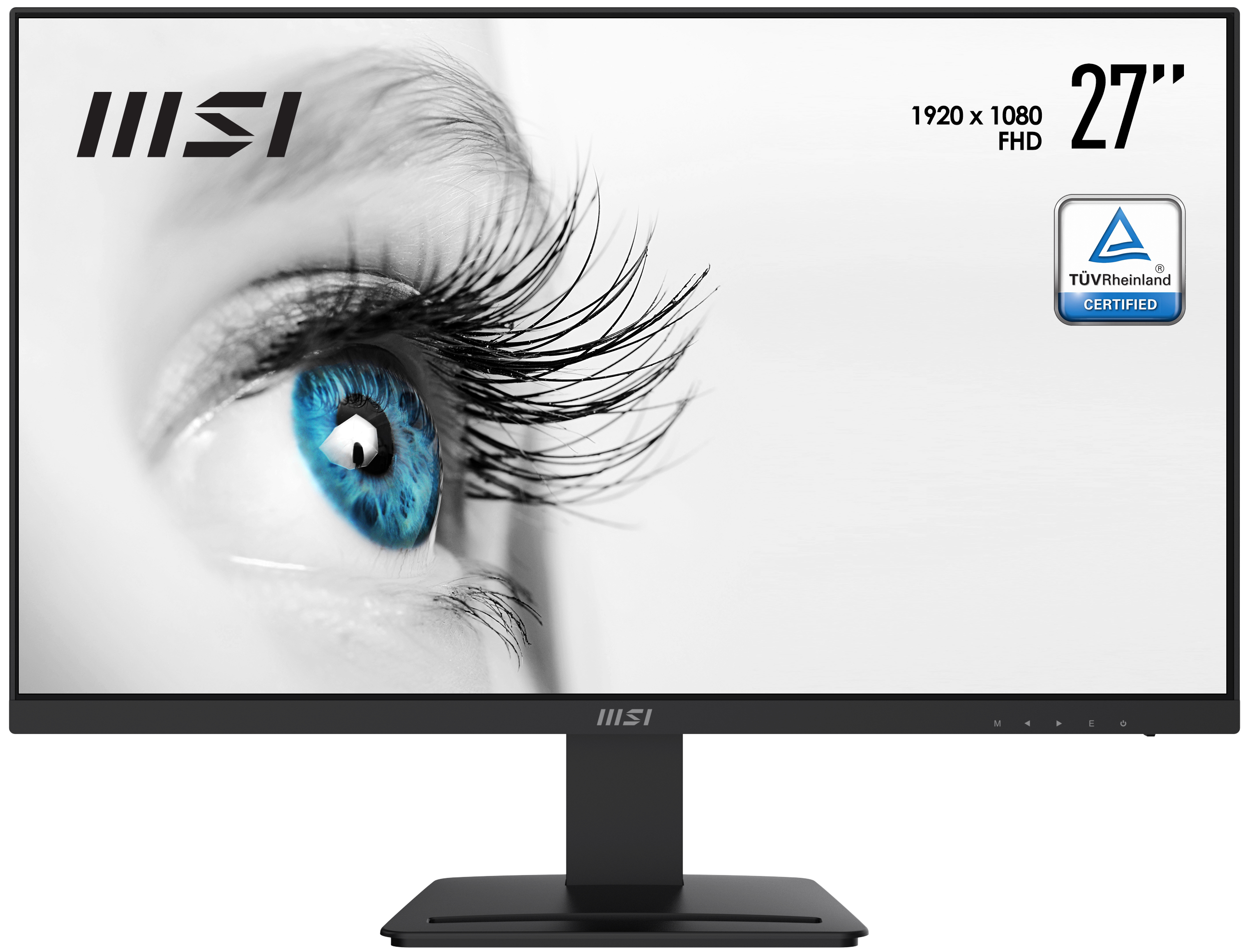 Monitor MSI con primer plano de un ojo azul en la pantalla. La pantalla muestra texto y un logotipo de certificación.