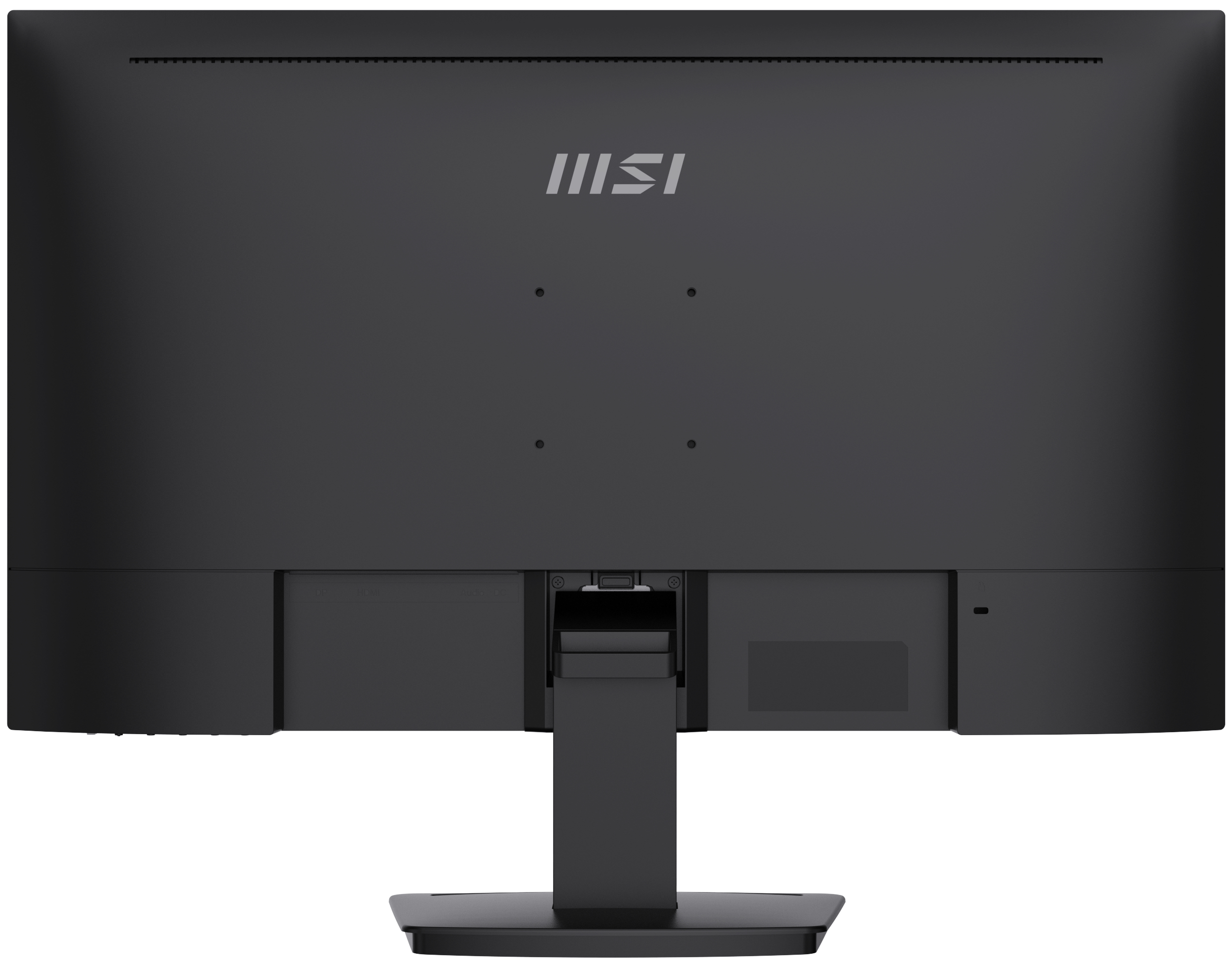 Parte trasera de un monitor MSI negro con el logotipo de MSI y soporte. Fondo blanco.