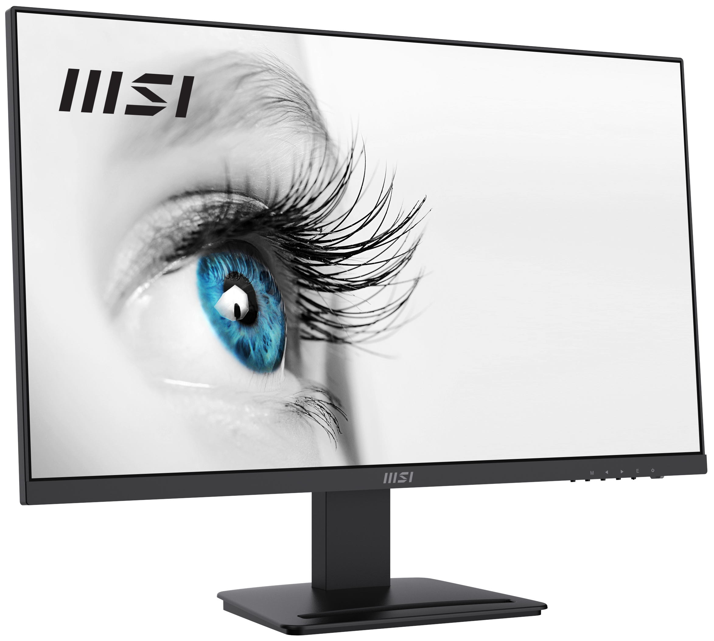 Monitor negro con primer plano de ojo azul y largas pestañas. Logo MSI en la parte inferior.
