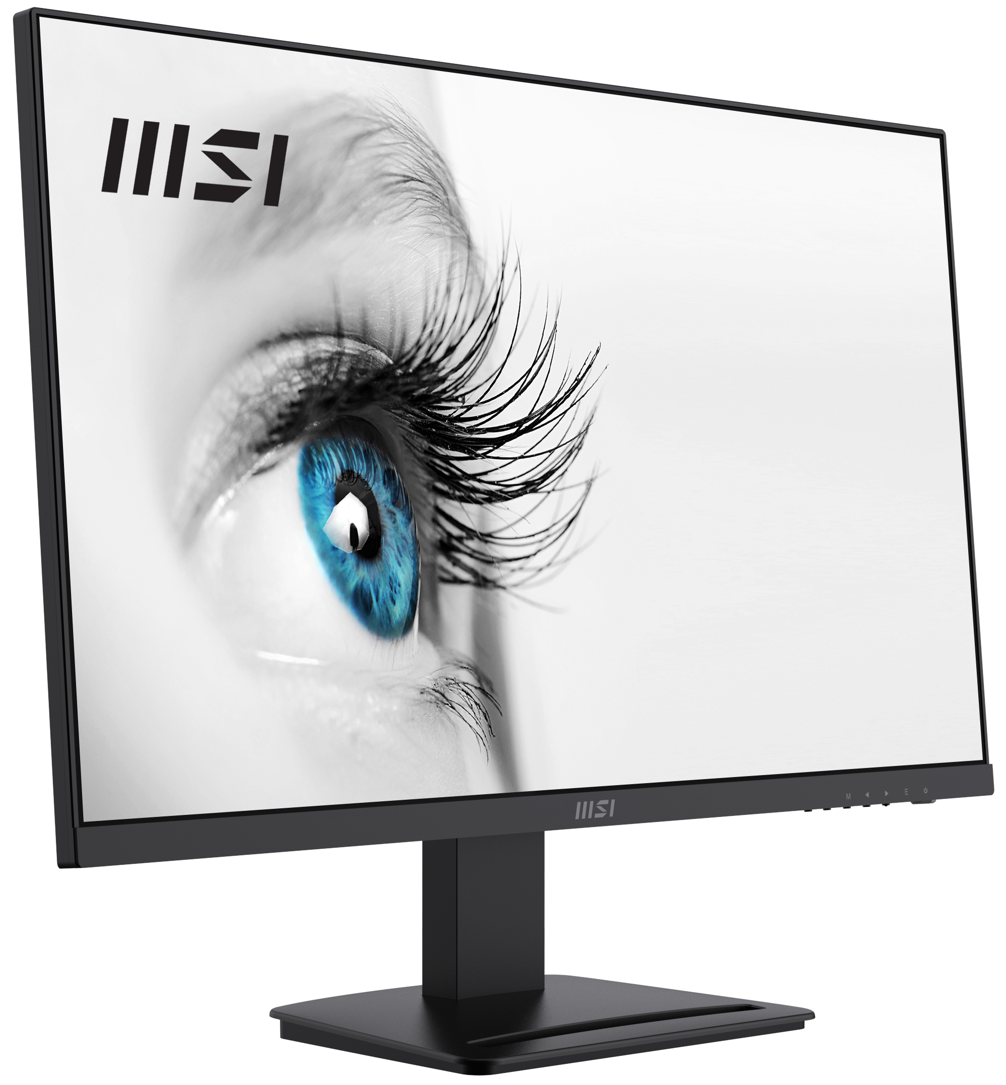Monitor mostrando un primer plano de un ojo. Marco negro. Fondo blanco.