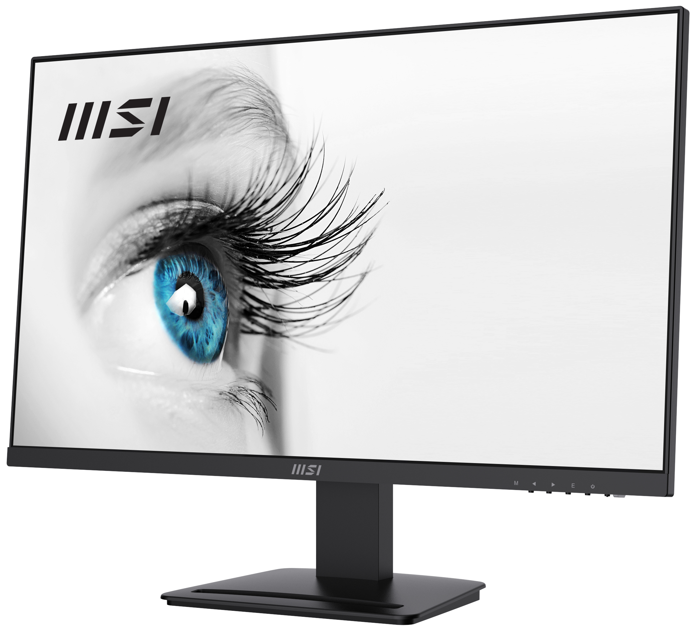 Monitor MSI que muestra una imagen de ojo en blanco y negro. Bisel y soporte negros.