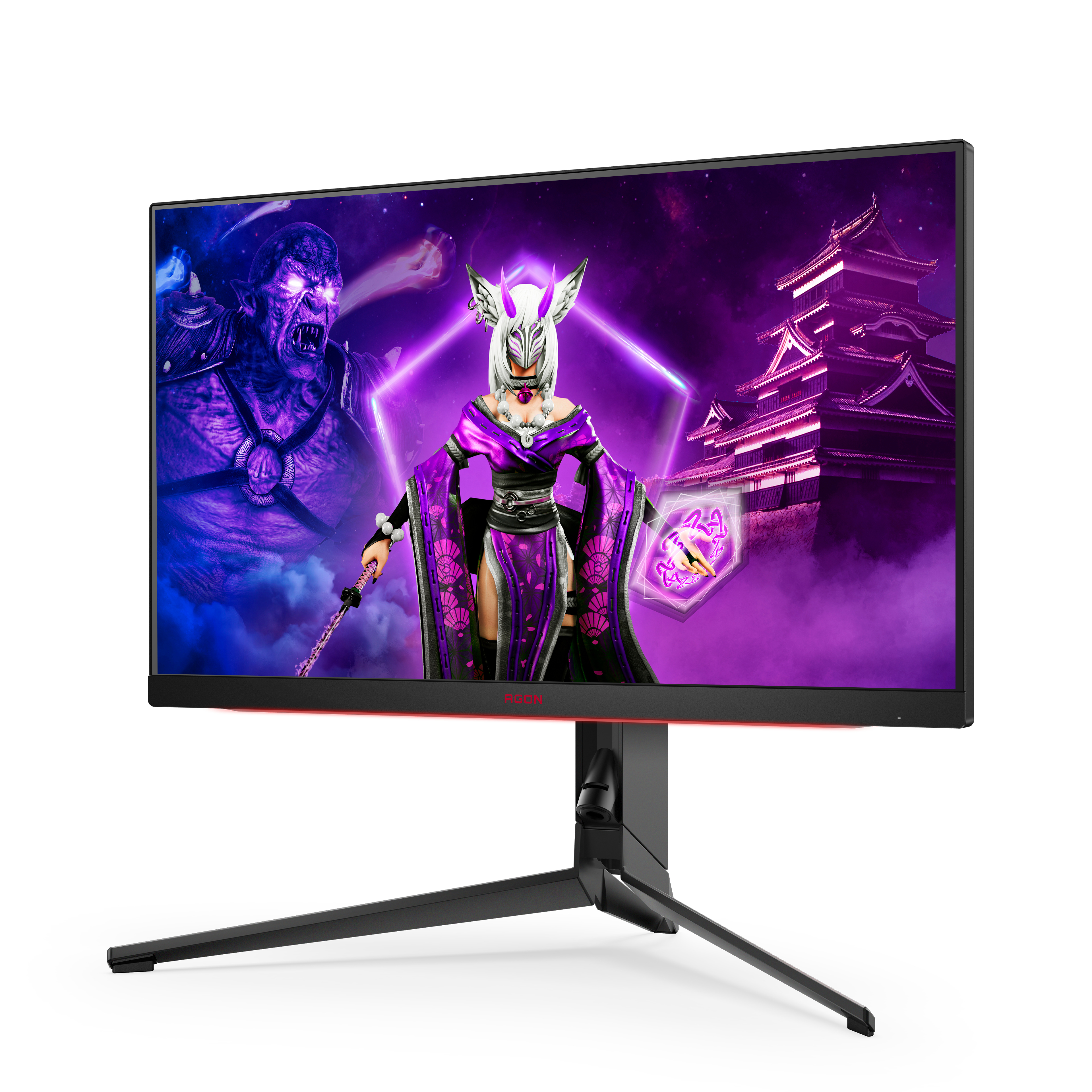 AOC Monitor. Display zeigt Fantasy-Spielszene. Lila und rote Farben. Schwarzer Ständer. Weißer Hintergrund.
