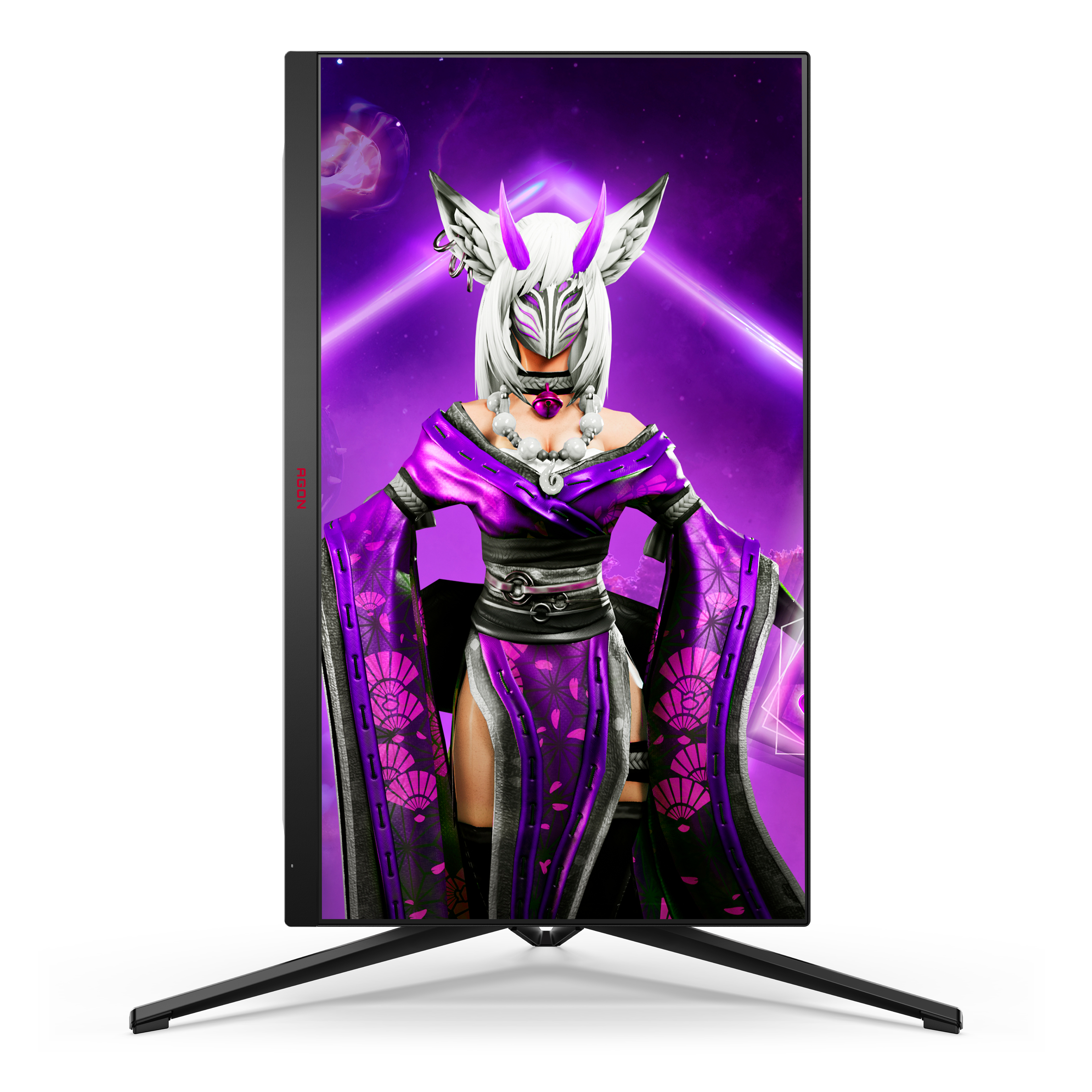 Monitor zeigt Frau in lila Outfit, mit Maske und Hörnern, vor lila Hintergrund.