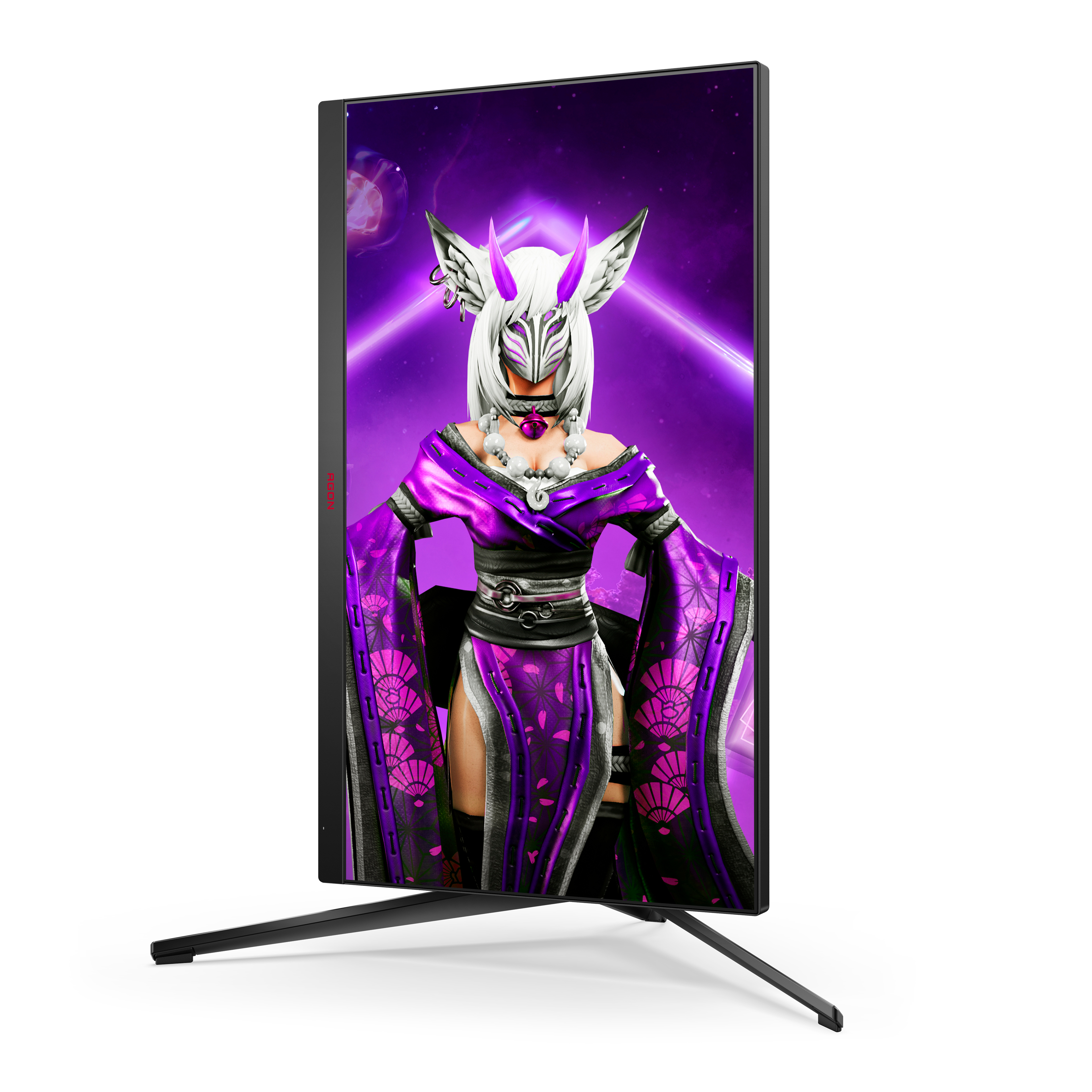 Gaming-Monitor, der einen Charakter mit lila und weißer Kleidung anzeigt, mit schwarzem Ständer.