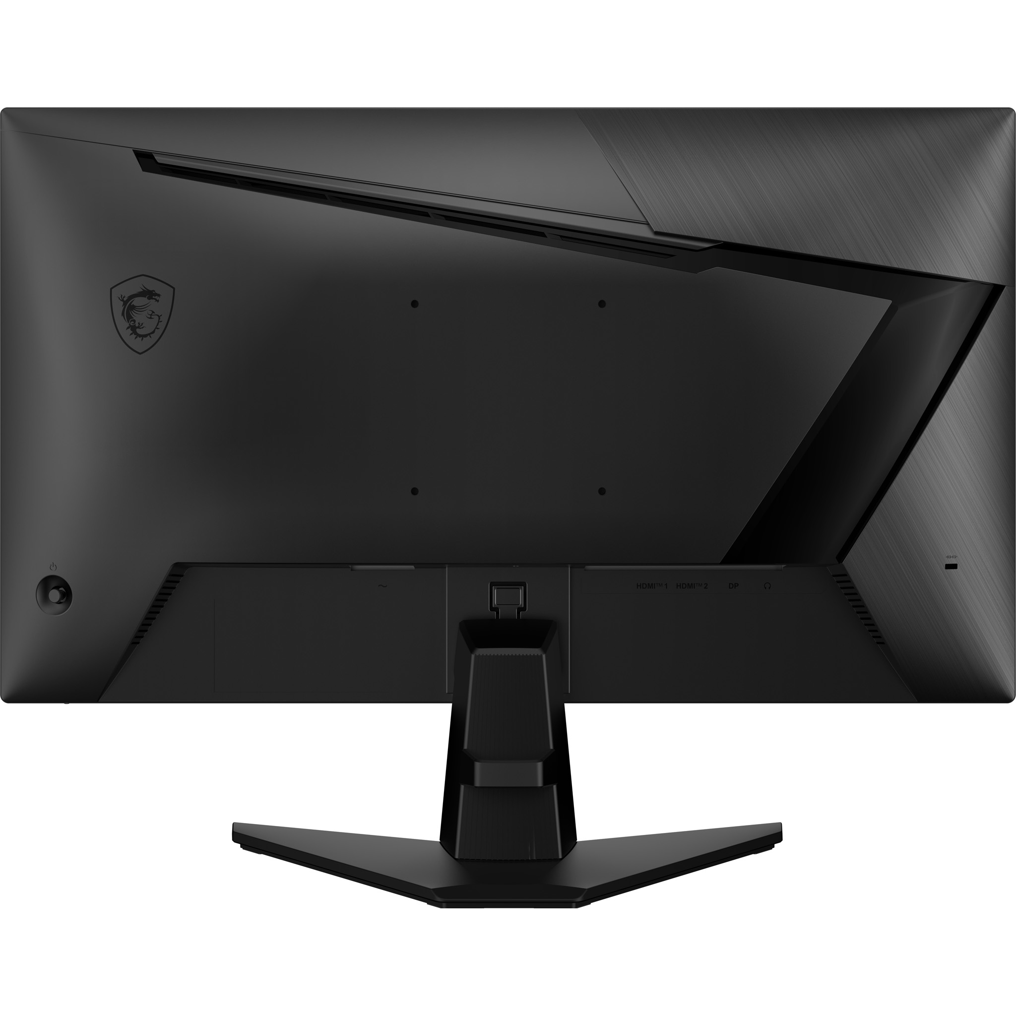 Il retro di un monitor MSI nero con varie porte, un supporto e il logo MSI.