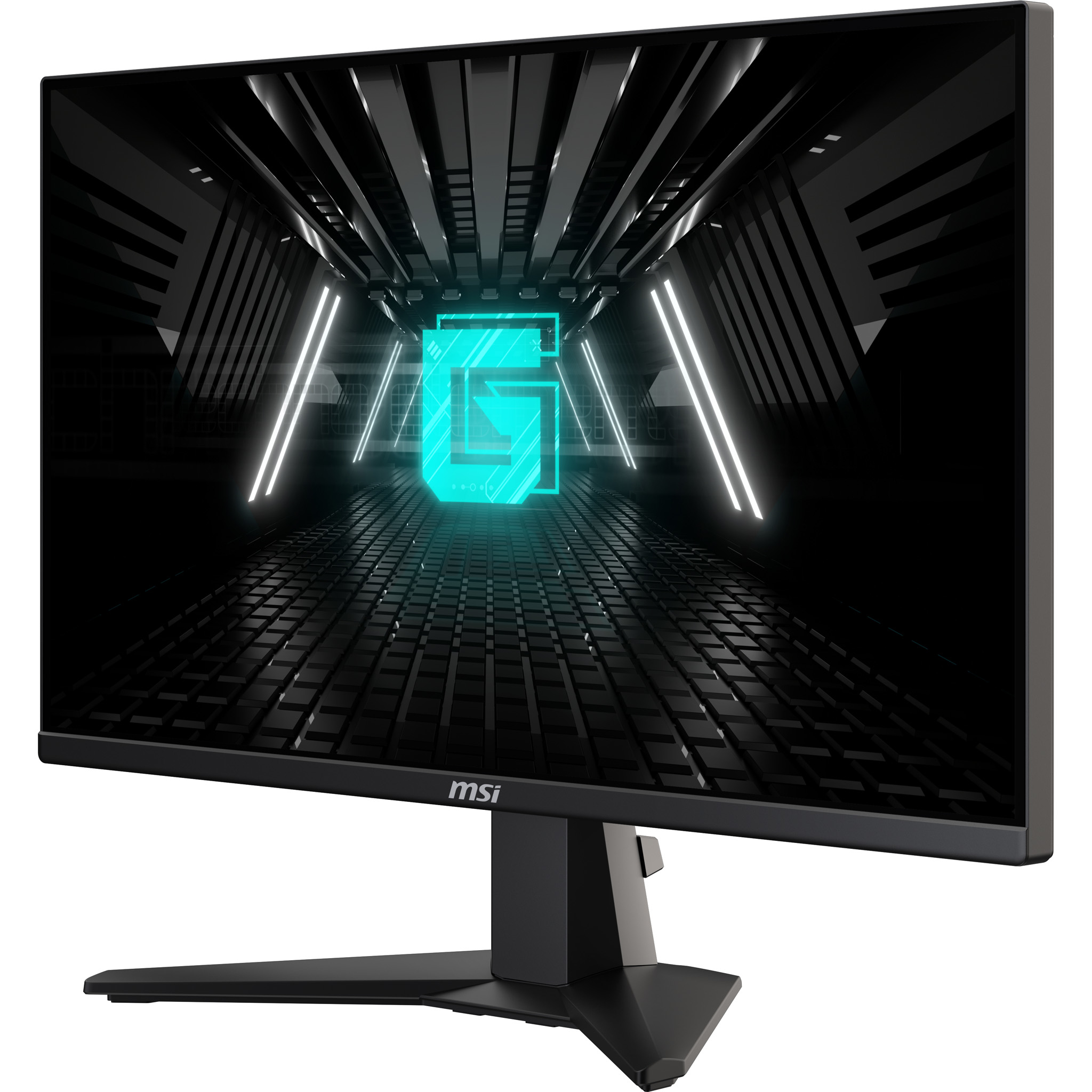 Un monitor MSI nero con un logo blu brillante e uno sfondo scuro, con un design futuristico.