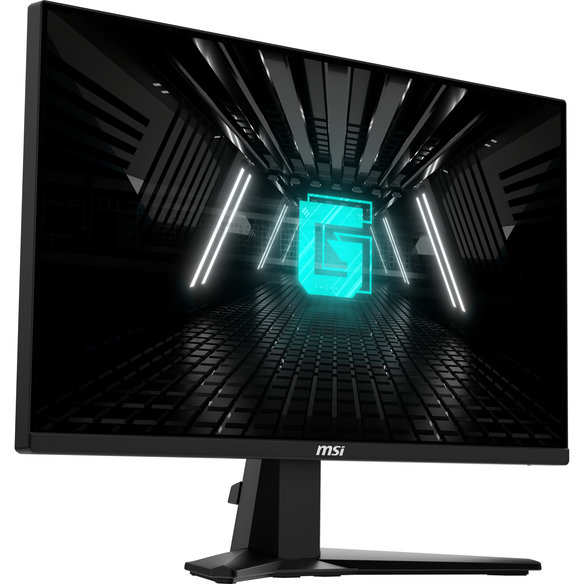 Monitor nero che mostra una scena di tunnel futuristica con un simbolo a forma di G verde acqua luminoso.