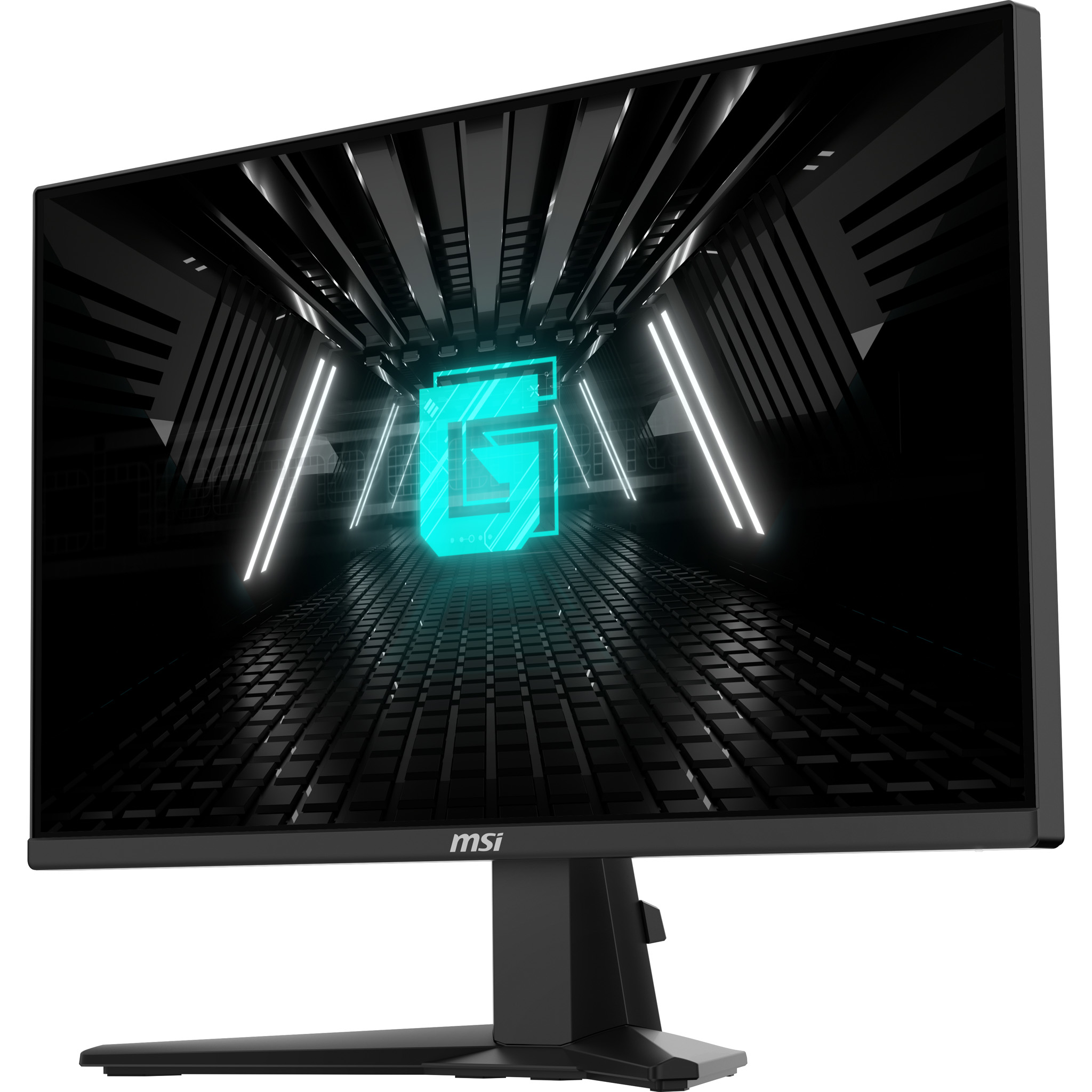 Monitor MSI con display gaming che mostra un logo G al neon.