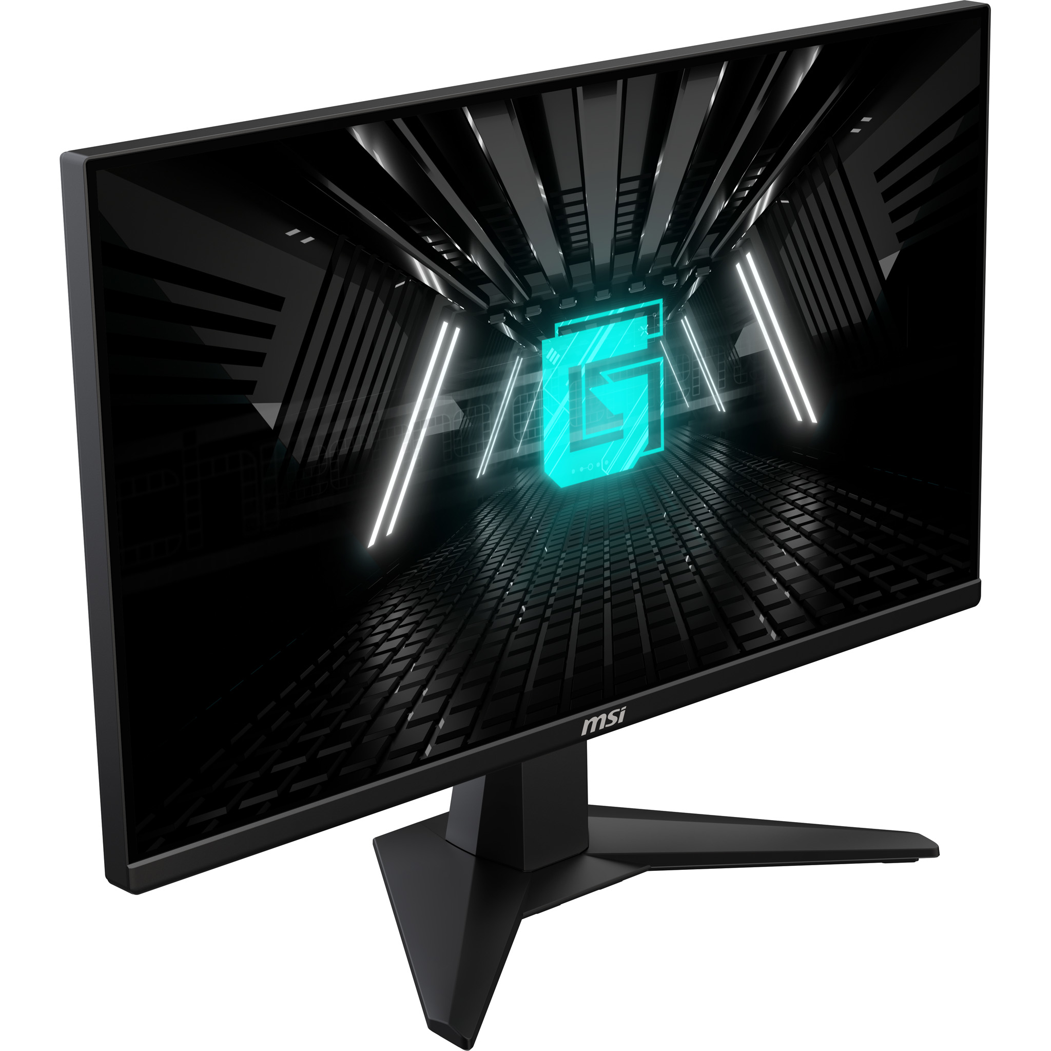 Vista angolata di un monitor MSI nero che mostra un design illuminato di blu su uno sfondo nero.