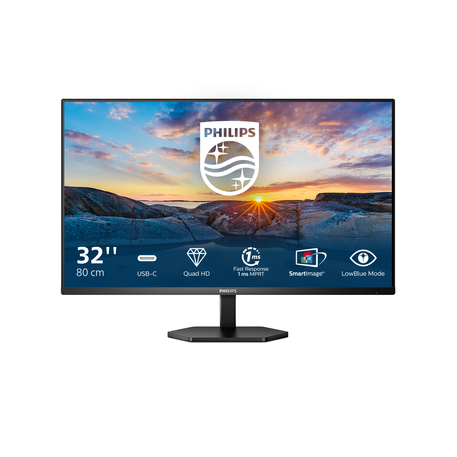 Monitor Philips 32" mostra scena tramonto con varie icone di funzioni.