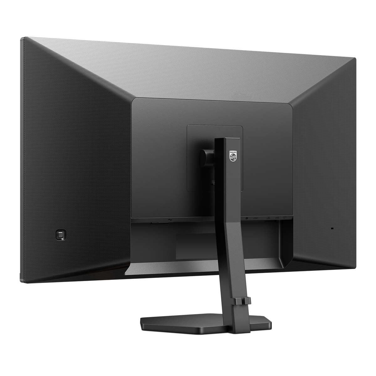 Il retro di un monitor Philips nero. Ha un supporto e il logo Philips.