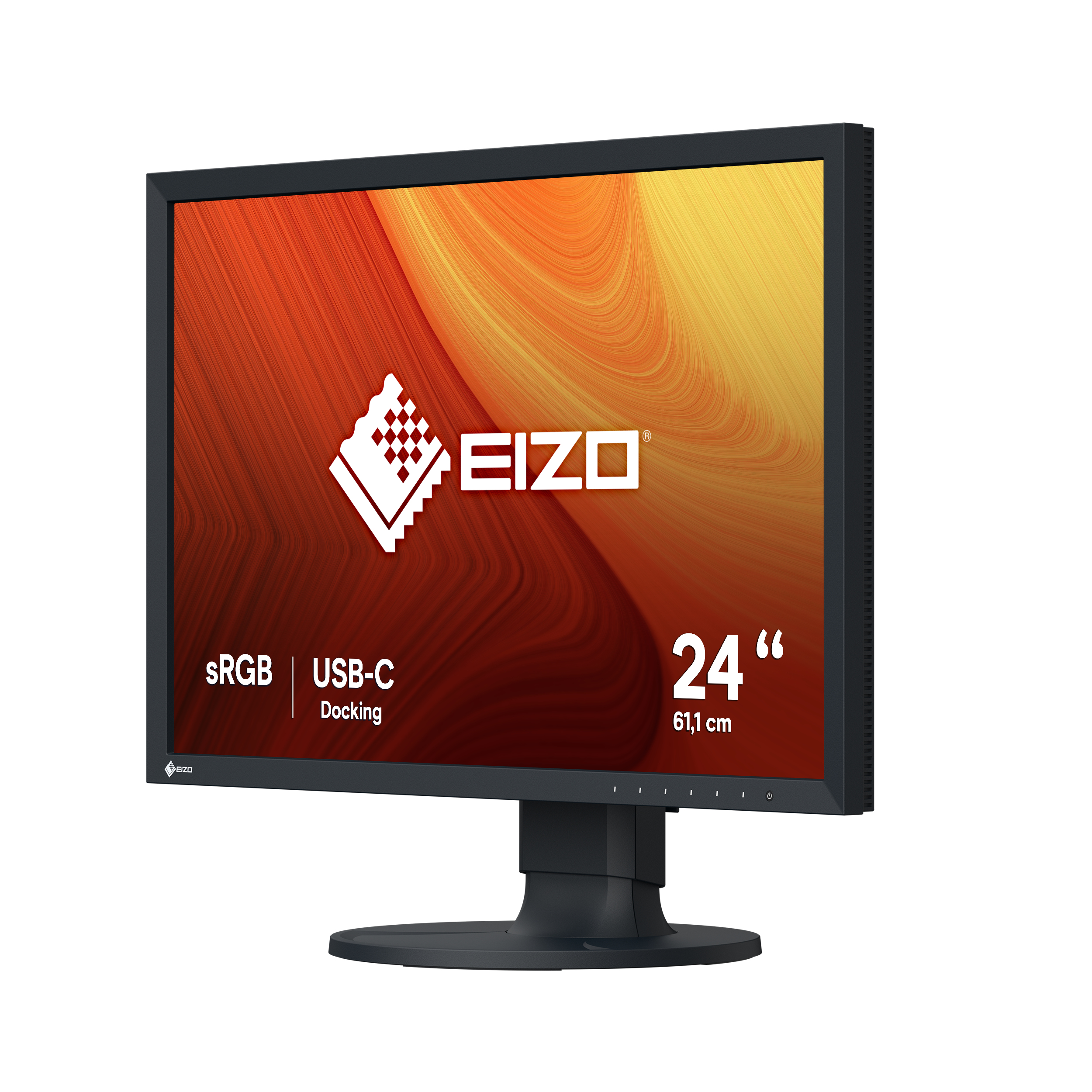 Monitor EIZO wyświetla kolorowy, abstrakcyjny wzór z czarną podstawą.