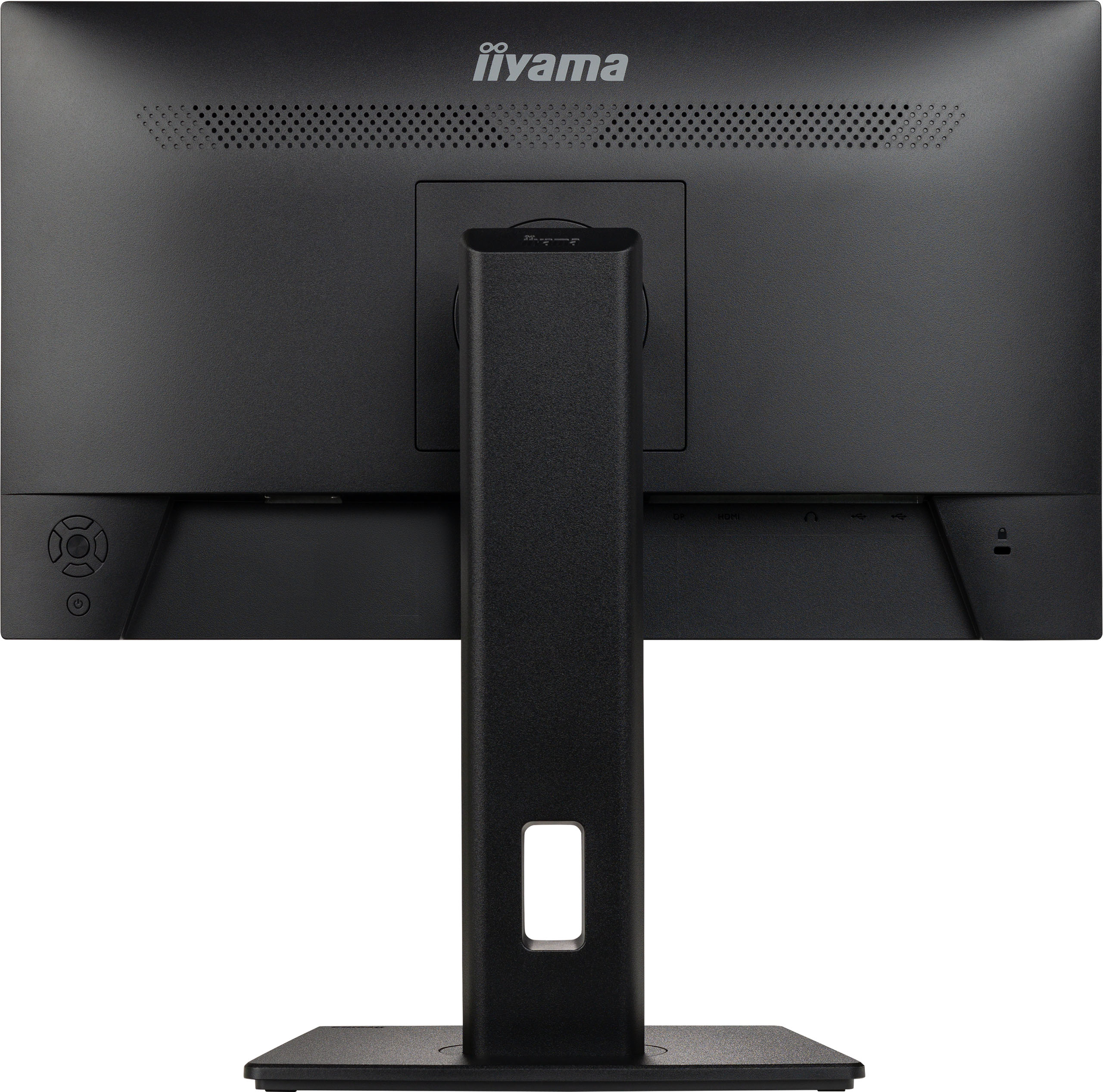 Vista posteriore di un monitor iiyama nero con supporto e porte di ingresso.