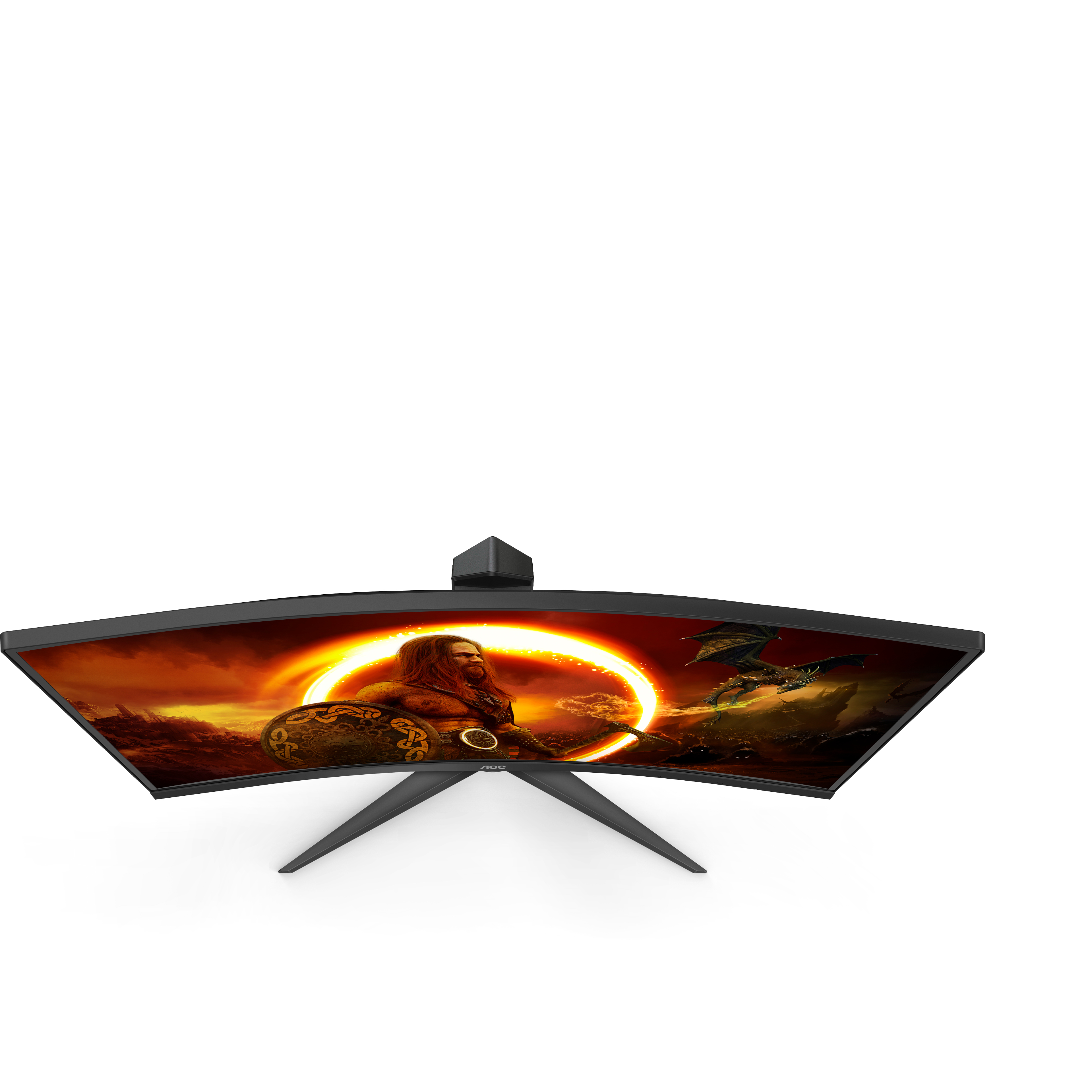 Un monitor da gioco curvo mostra una scena epica con un guerriero e un drago.