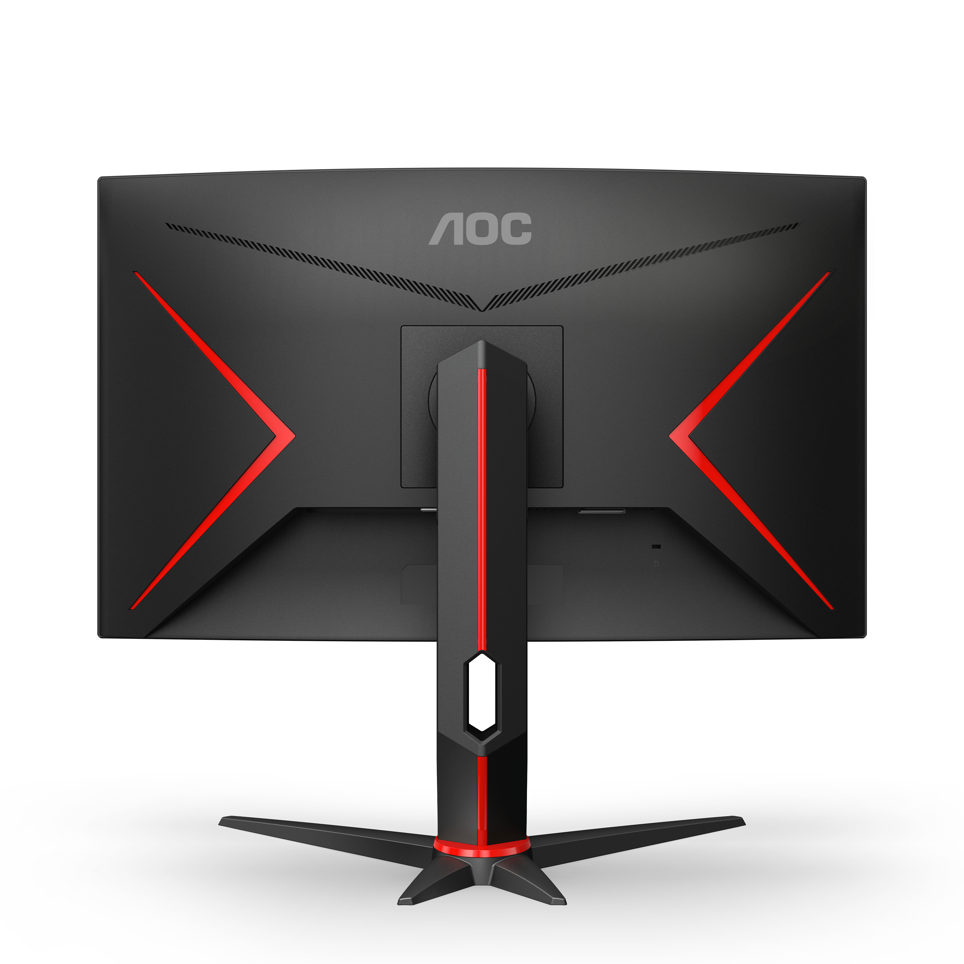 Vista posteriore di un monitor nero con dettagli rossi e logo AOC.