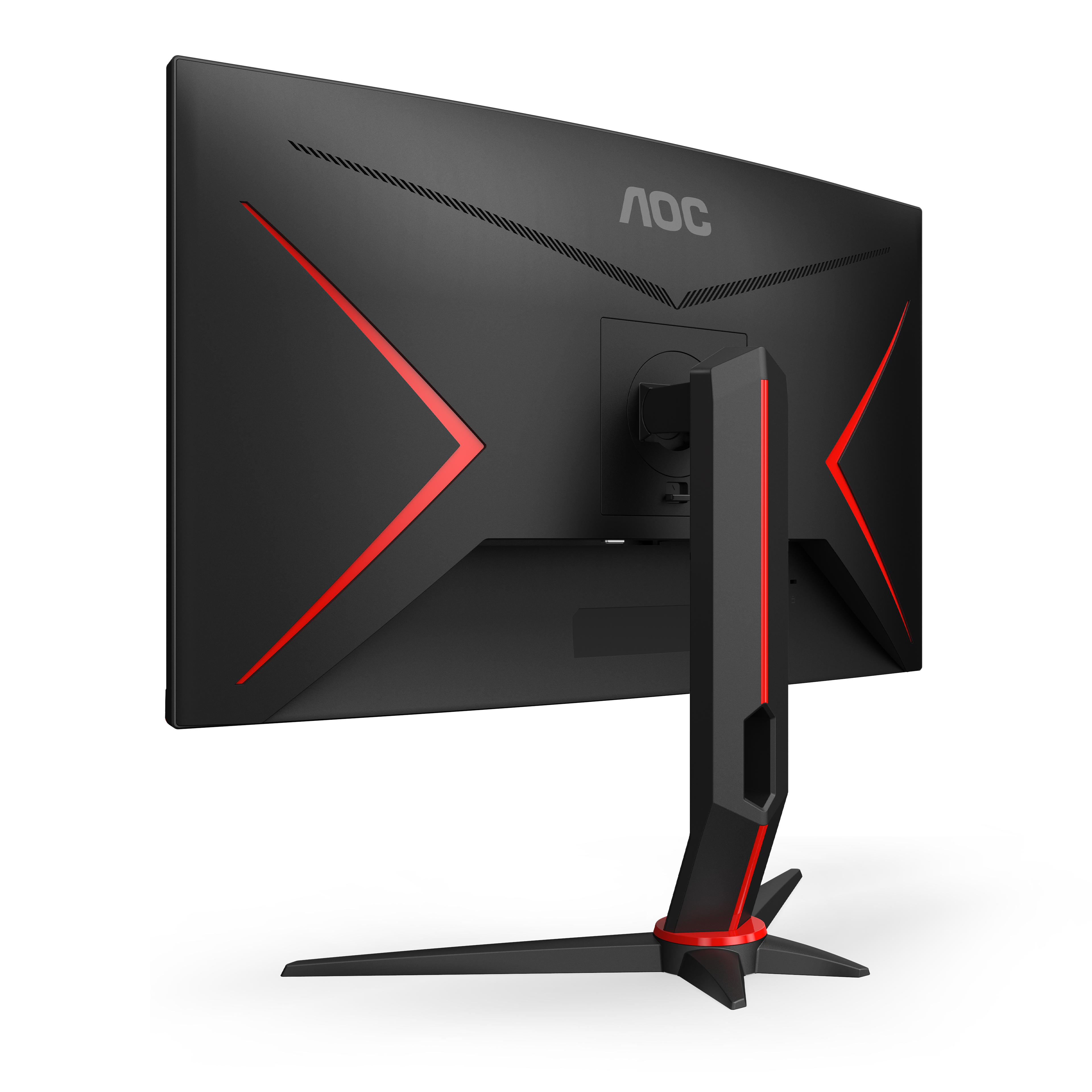 Retro del monitor AOC nero con dettagli rossi. Supporto nero e rosso. Sfondo bianco.