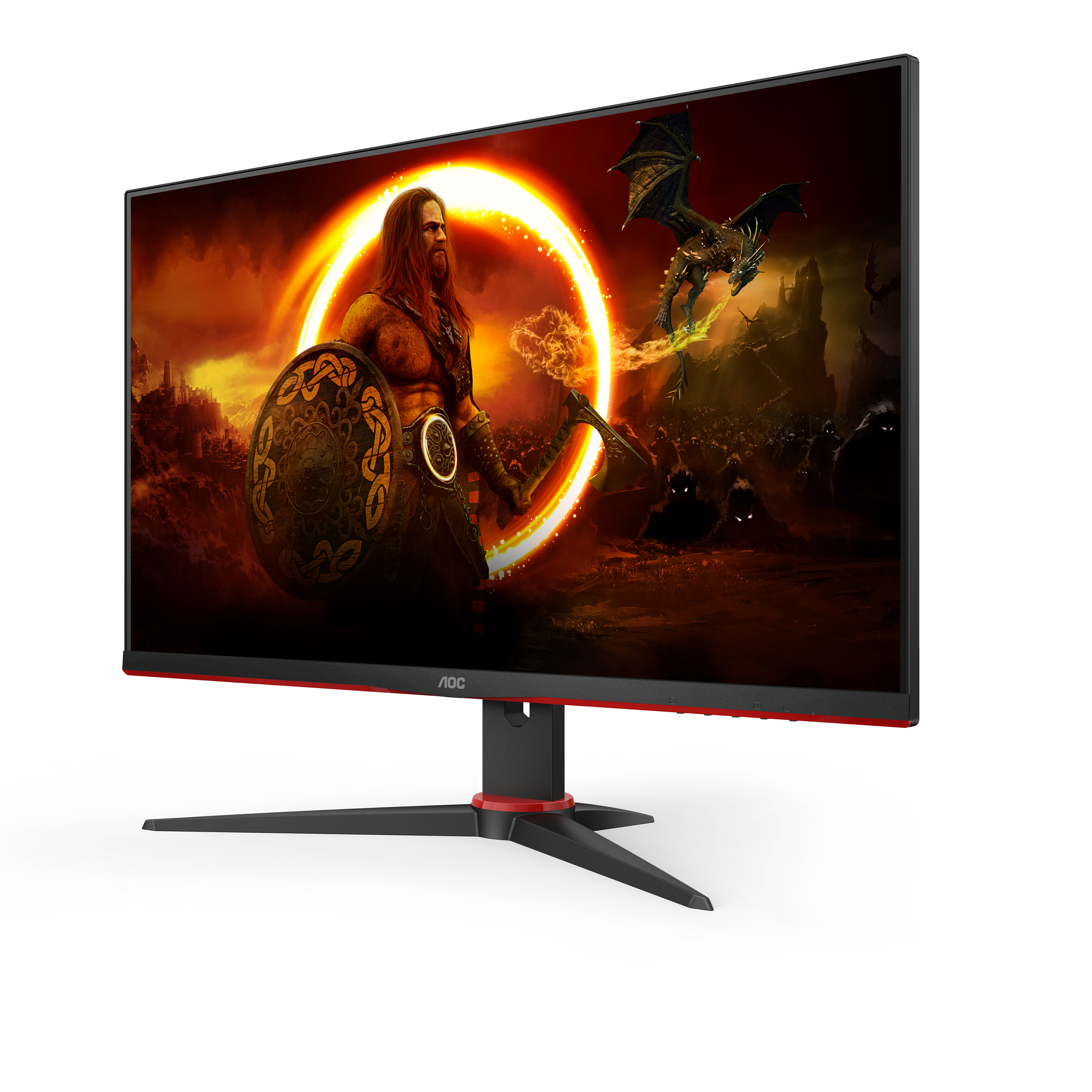 Ein Monitor zeigt einen Krieger mit Schild, Drachen und feurigem Hintergrund.