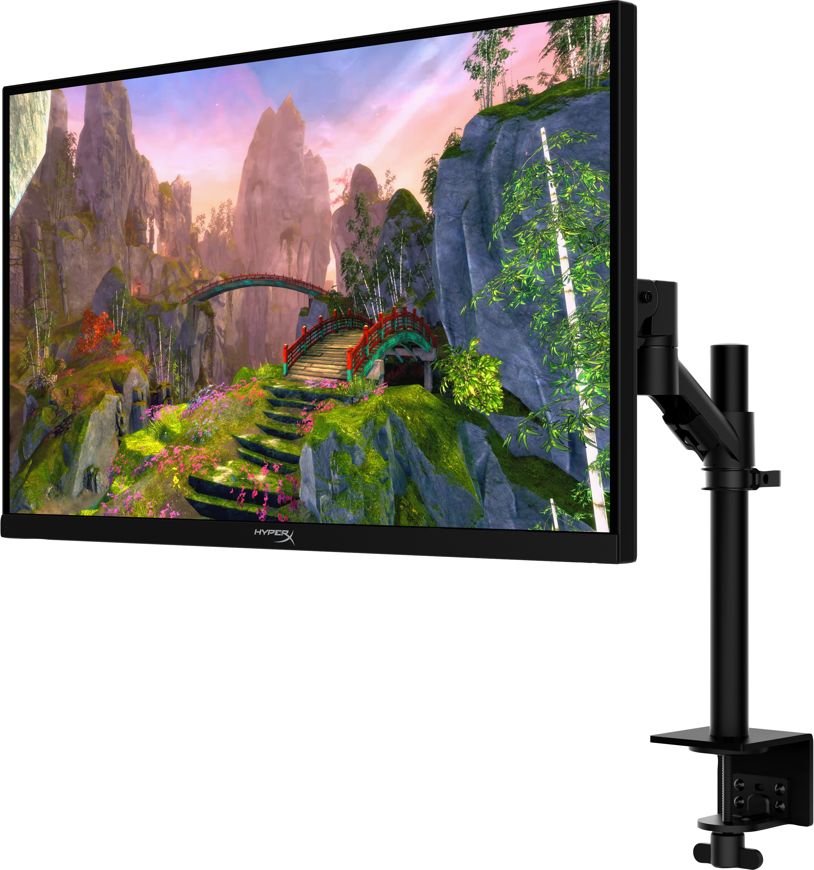 Monitor de computadora con imagen de paisaje y soporte.
