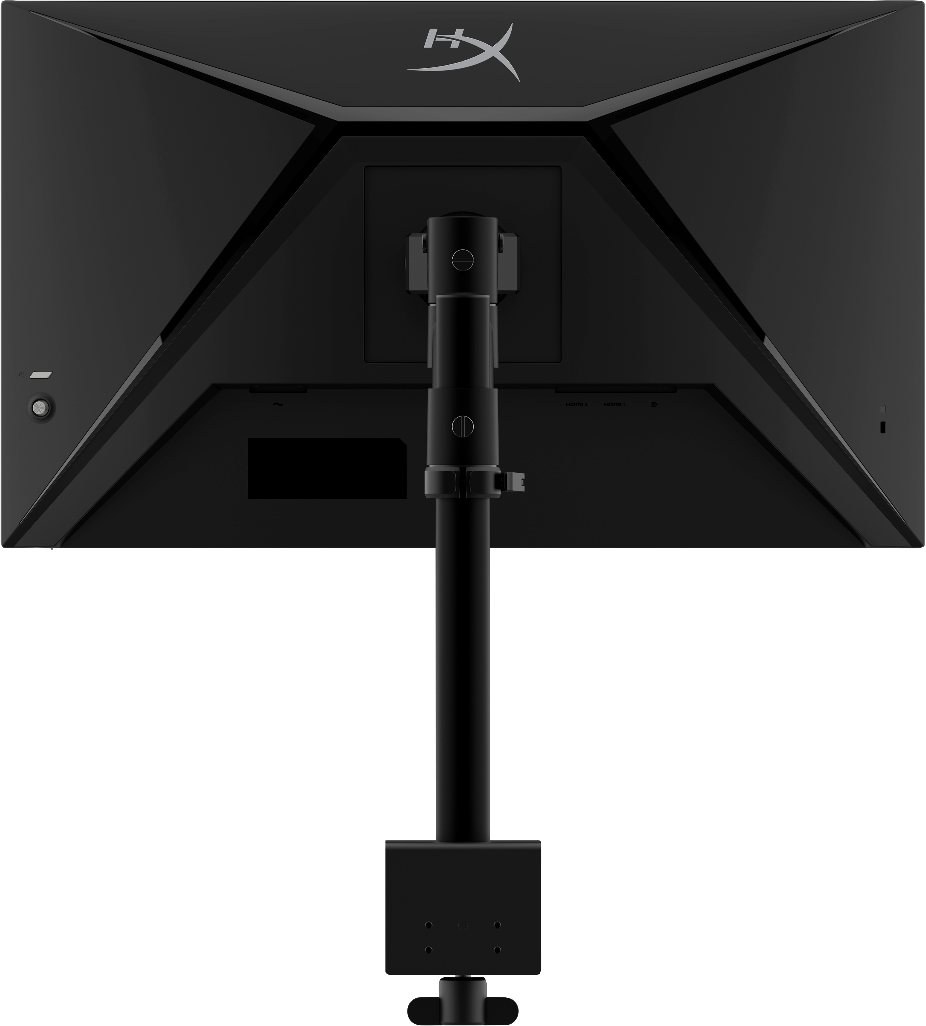 La parte trasera de un monitor de computadora negro conectado a un brazo ajustable. El logotipo de HyperX.