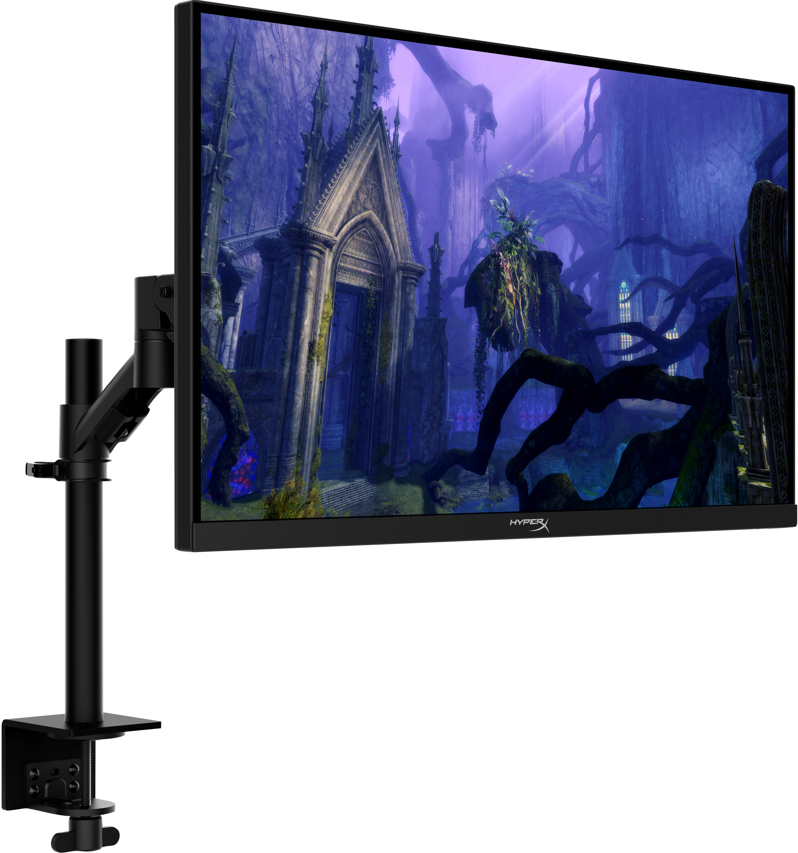 Un monitor montado en un soporte de brazo negro, que muestra una escena de fantasía. El monitor está sobre un fondo blanco.