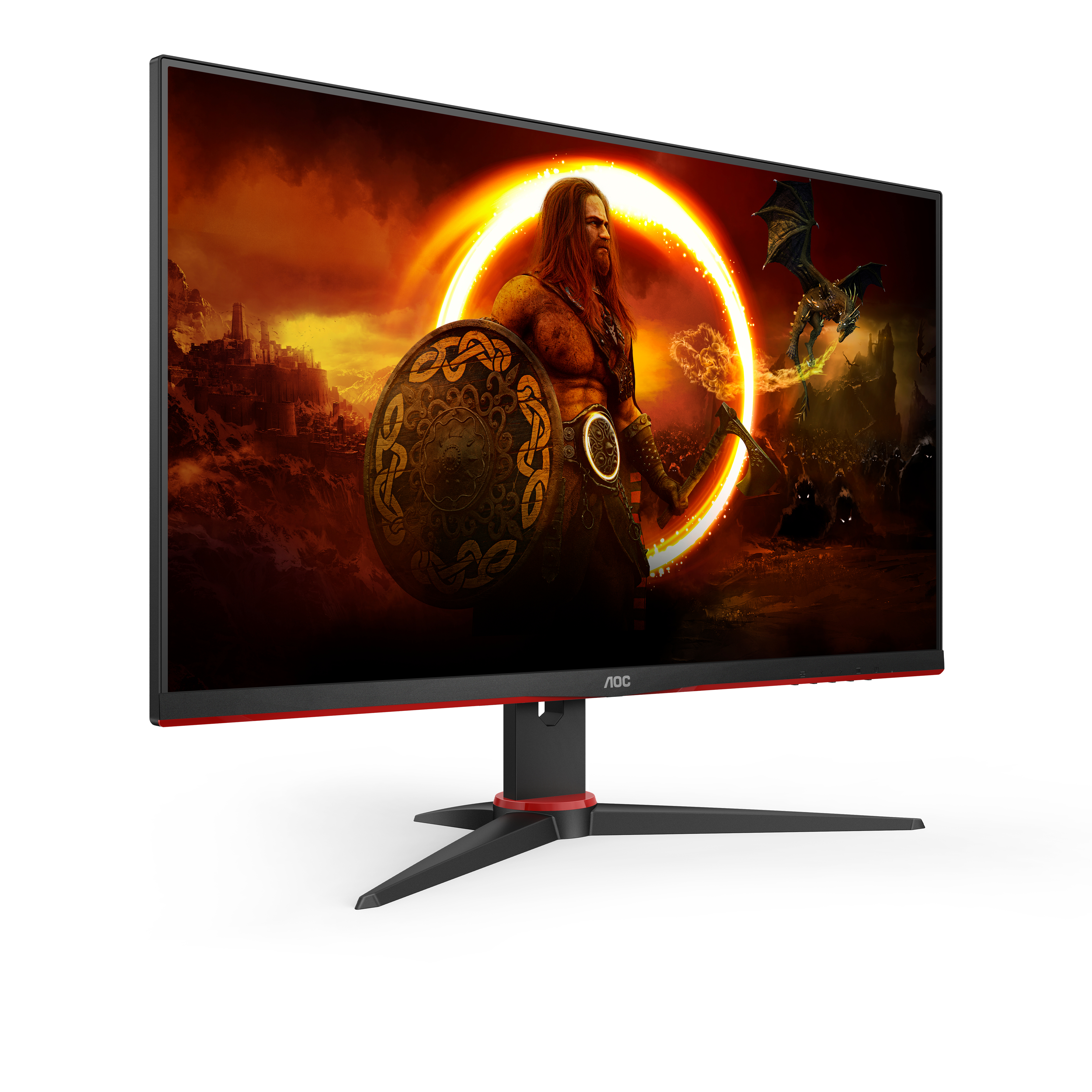 AOC-Monitor mit einer Spielszene mit Krieger und Drachen in feuriger Umgebung.