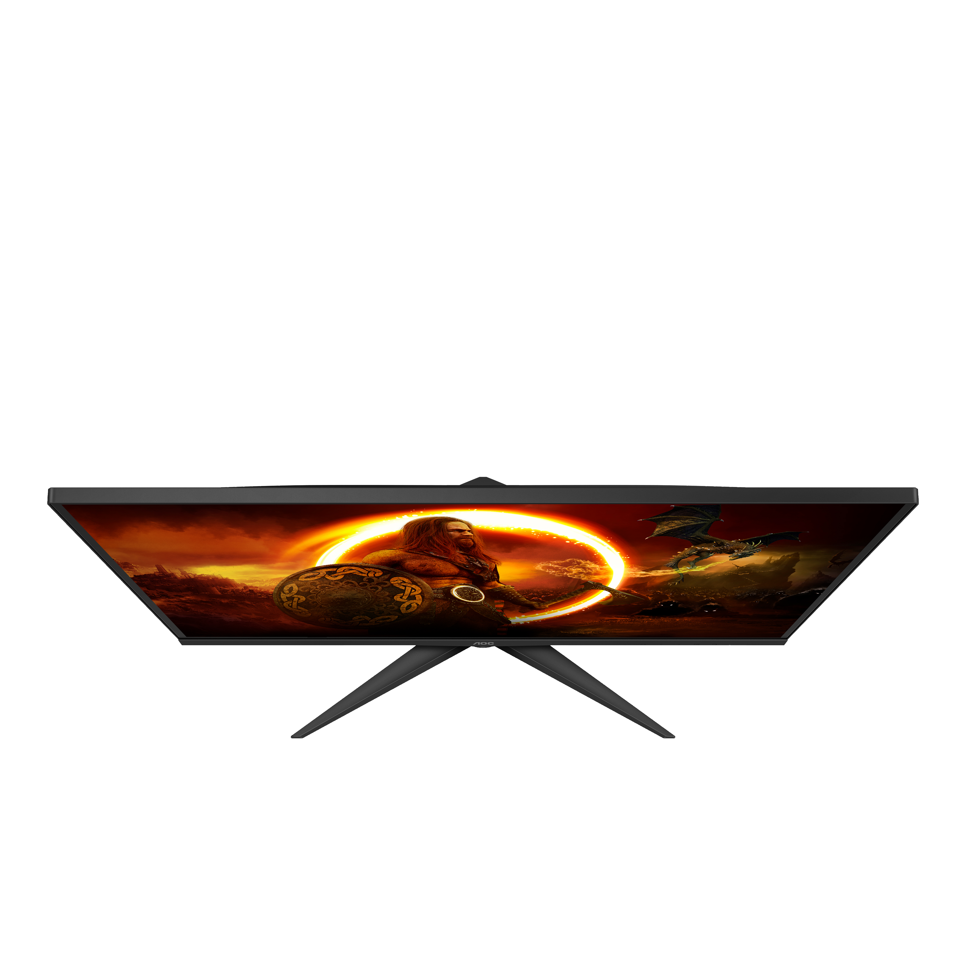 Ein Monitor von oben betrachtet, der eine Fantasy-Szene mit einem Krieger und einem Drachen zeigt.