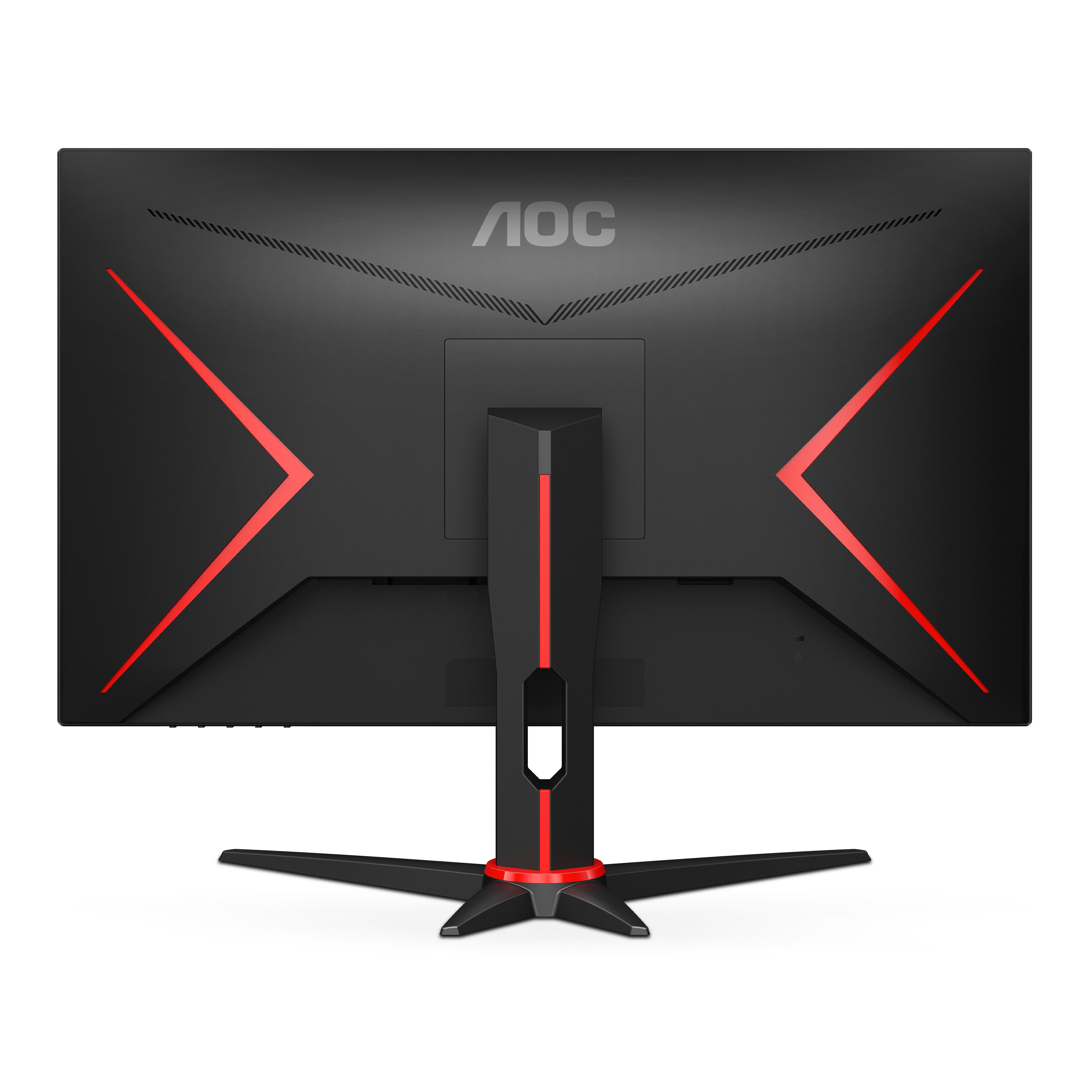 Rückansicht des AOC-Monitors. Schwarz mit roten Akzenten. Der Ständer ist schwarz mit rotem Detail.