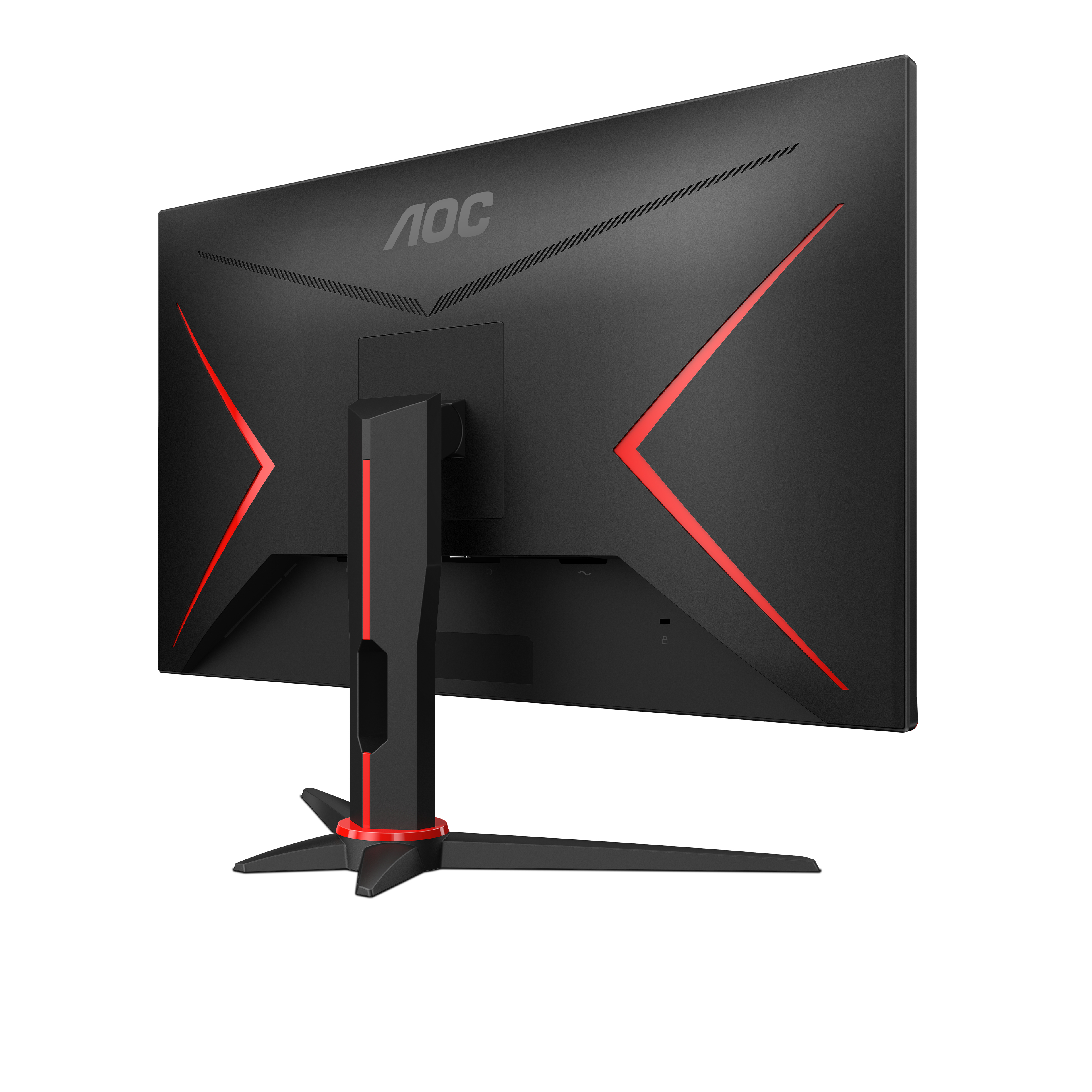AOC-Monitor-Rückseite mit roten Akzenten und Logo, schwarzer Ständer und Anschlüsse.