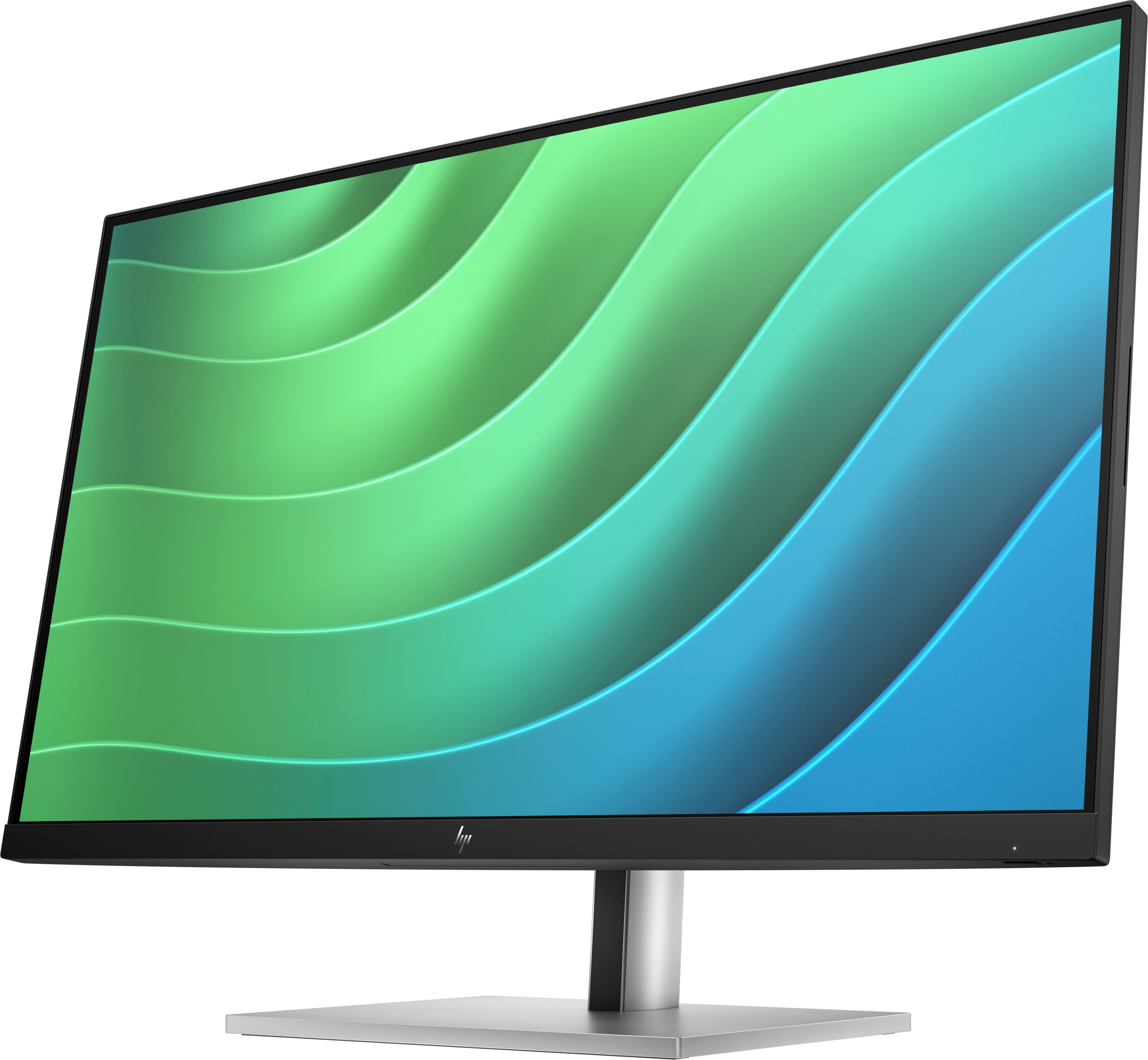 Monitor HP que muestra un patrón de ondas verdes y azules, sobre un soporte plateado.