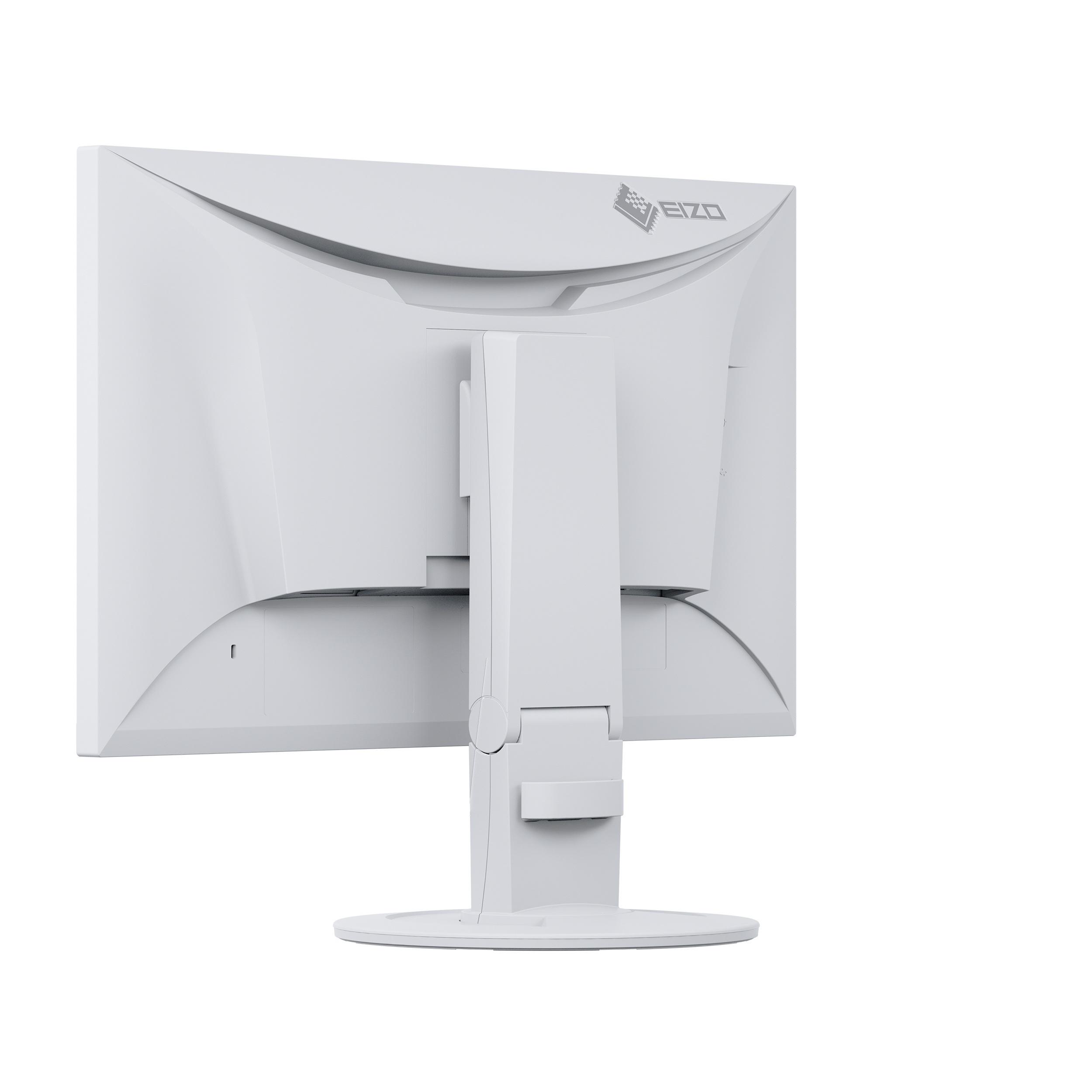 Widok z tyłu białego monitora komputerowego. Logo EIZO jest wyśrodkowane u góry. Podstawa jest biała.
