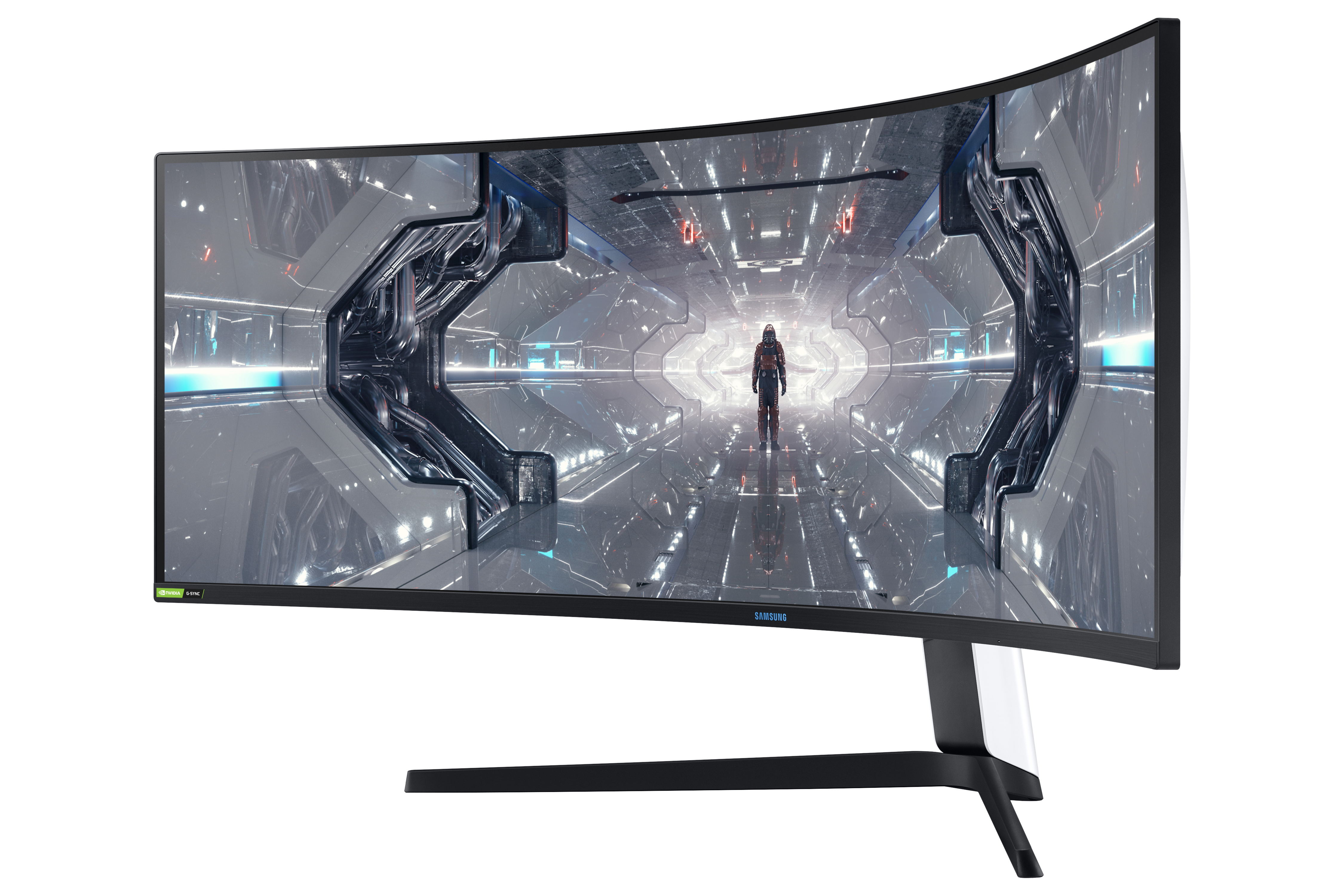 Monitor curvo con escena de juego futurista. Marco y soporte negros.
